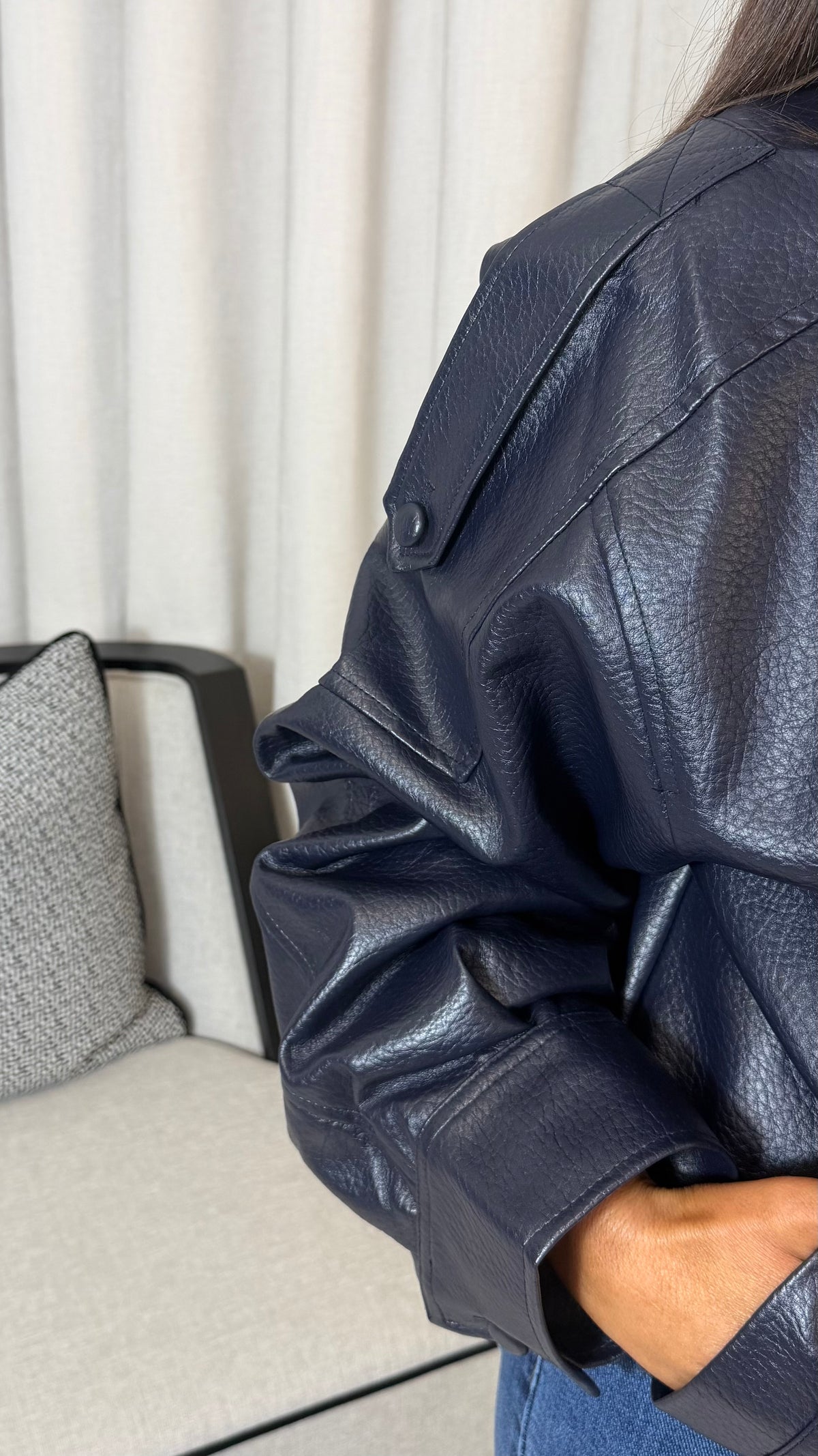 Navy Faux Leather Jacket with Soft Fleece Lining