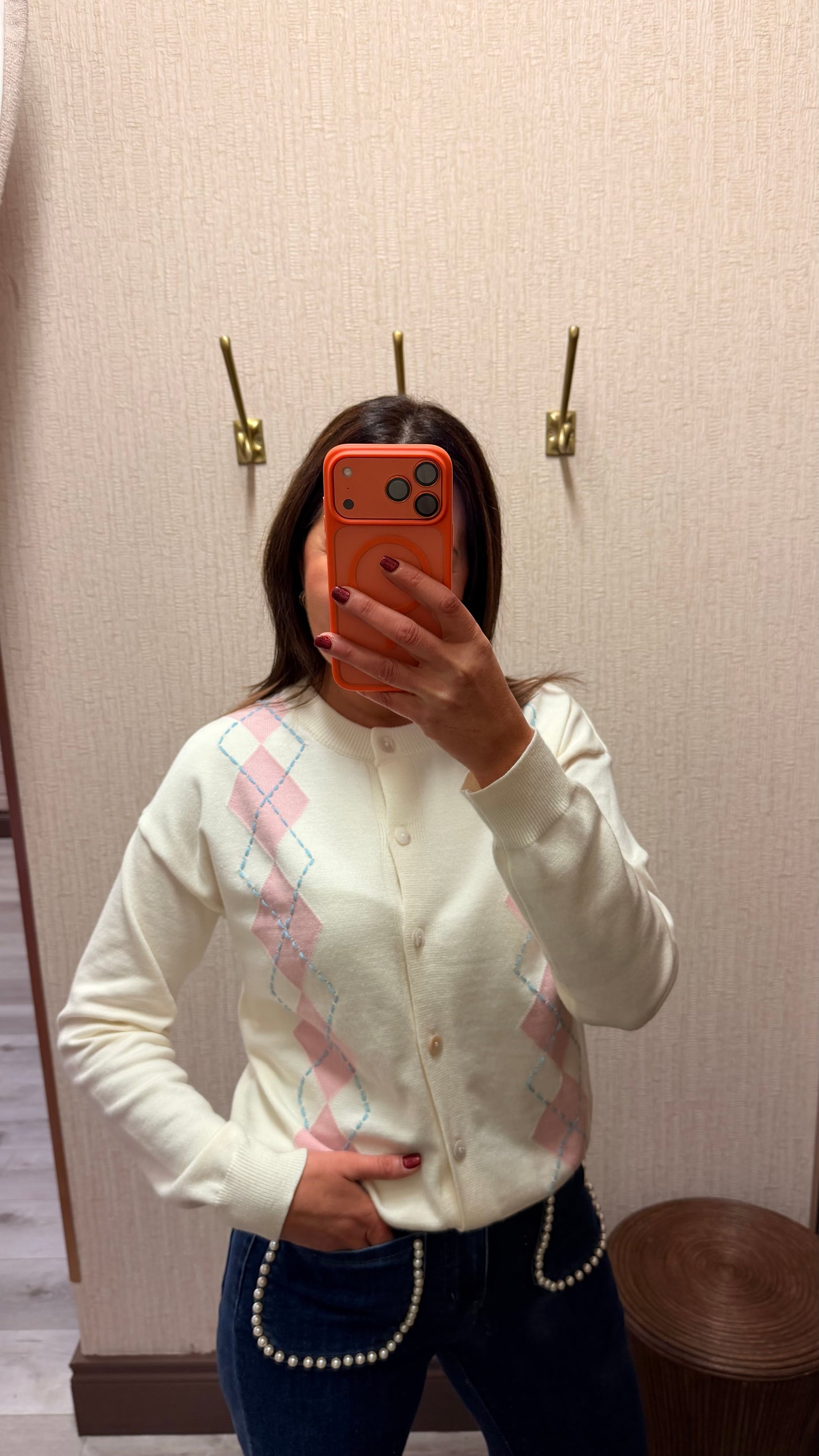 Cream Cardigan with Diamond Pattern