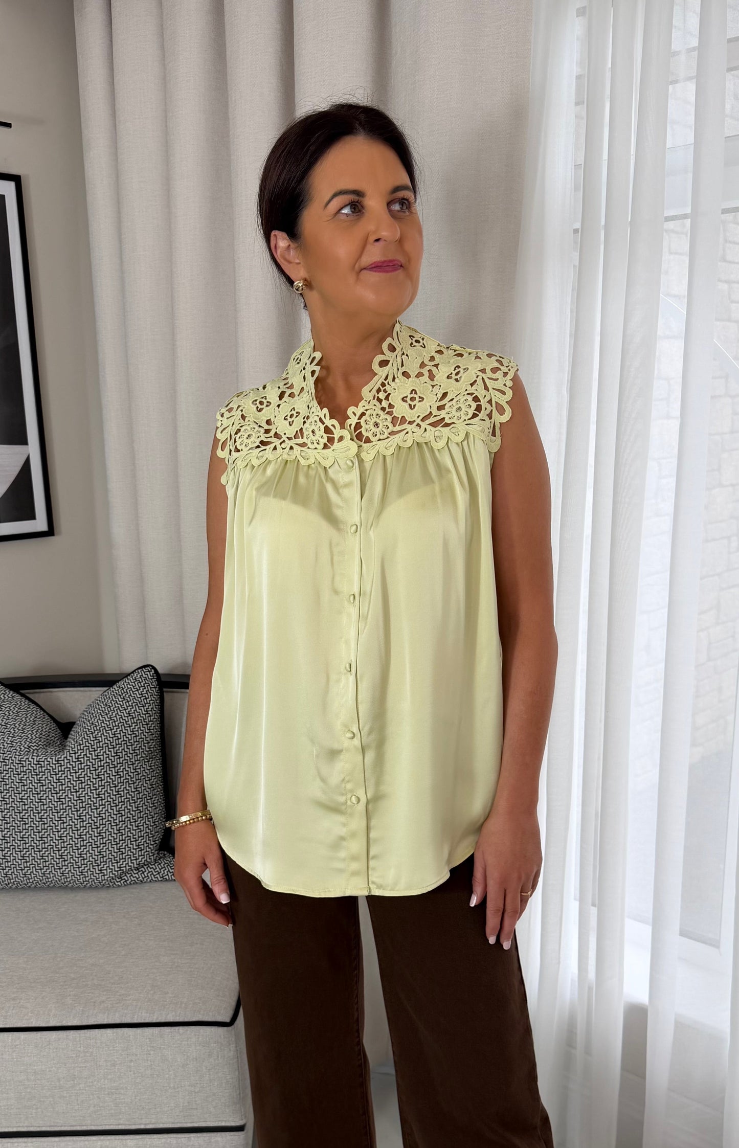 Sage Satin & Crochet Top