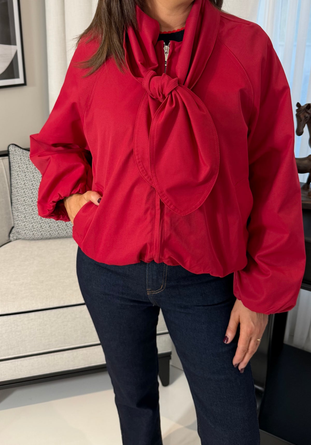 Red Bomber Jacket with Scarf