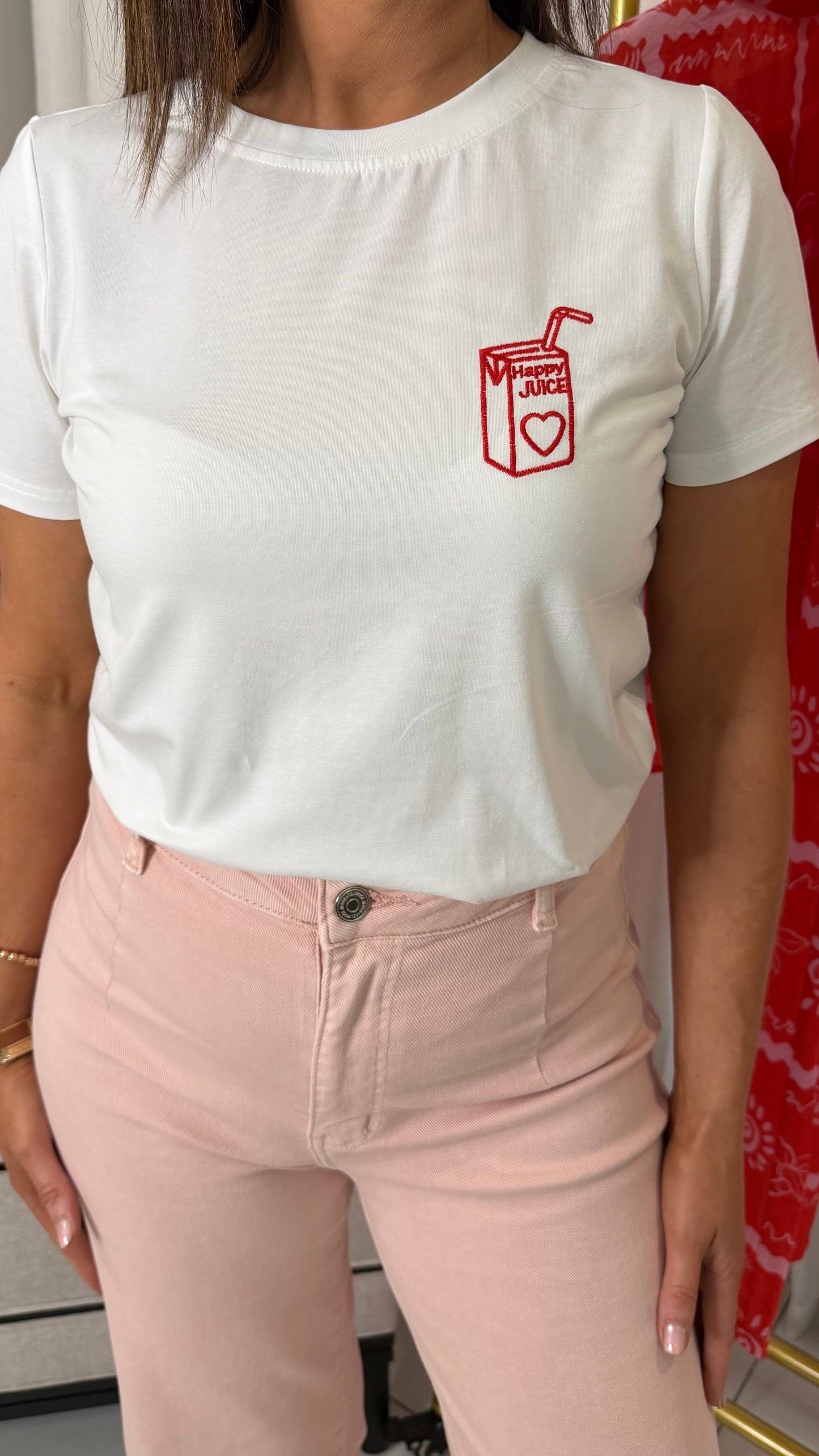 White T-Shirt with Red Embroidery