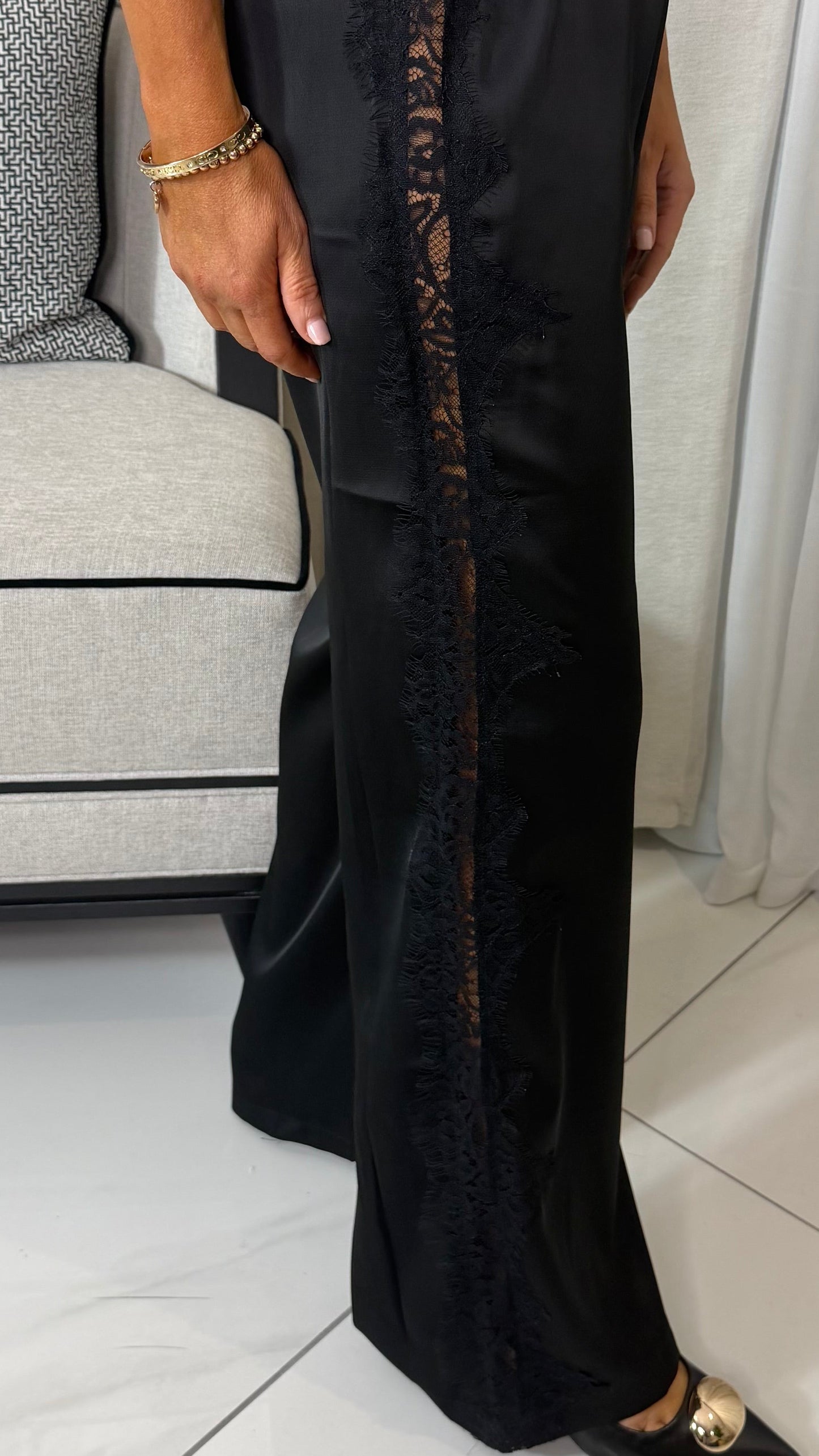 Black Satin Trousers with Lace Panel