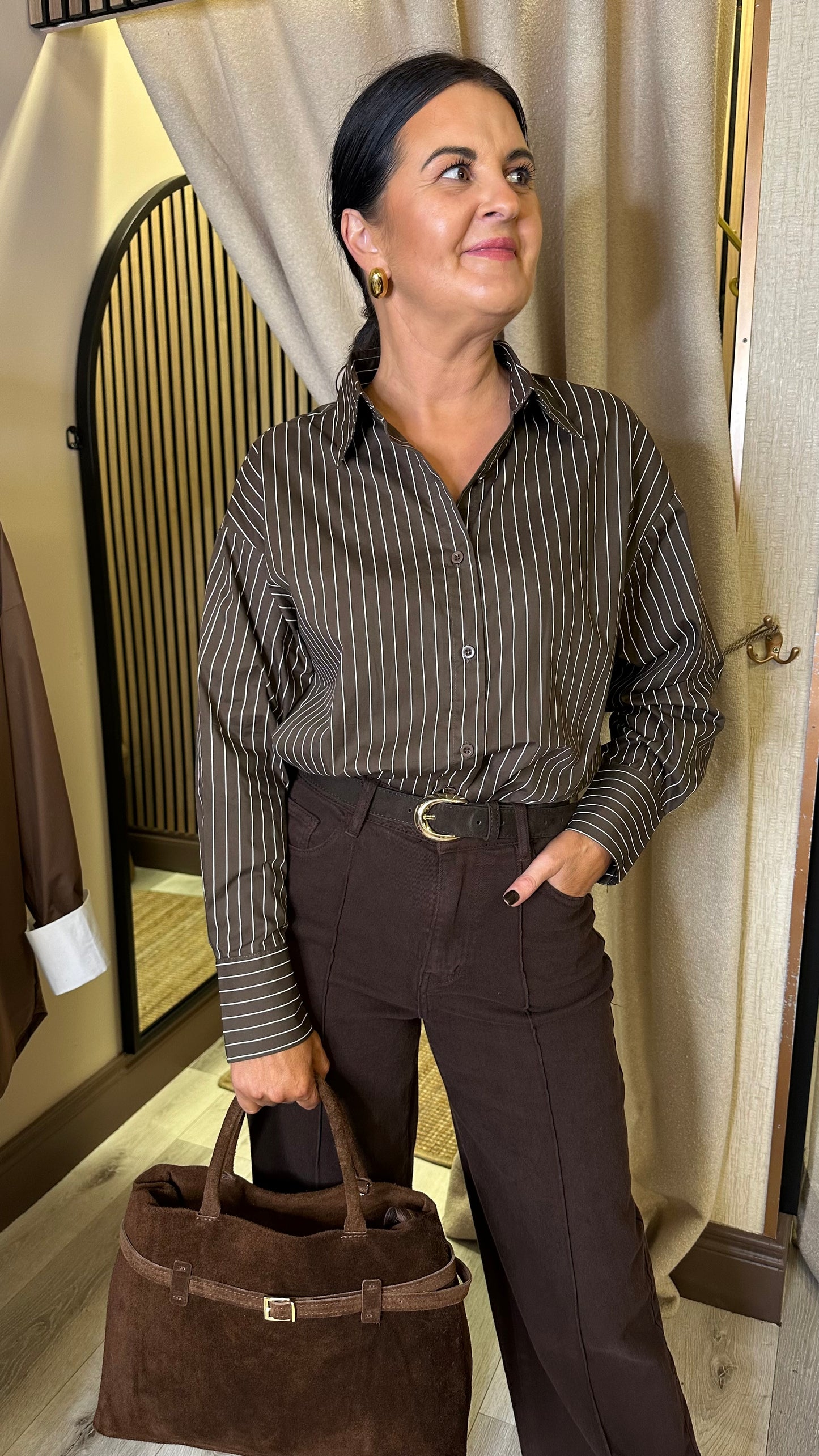 Brown Oversized Striped Shirt