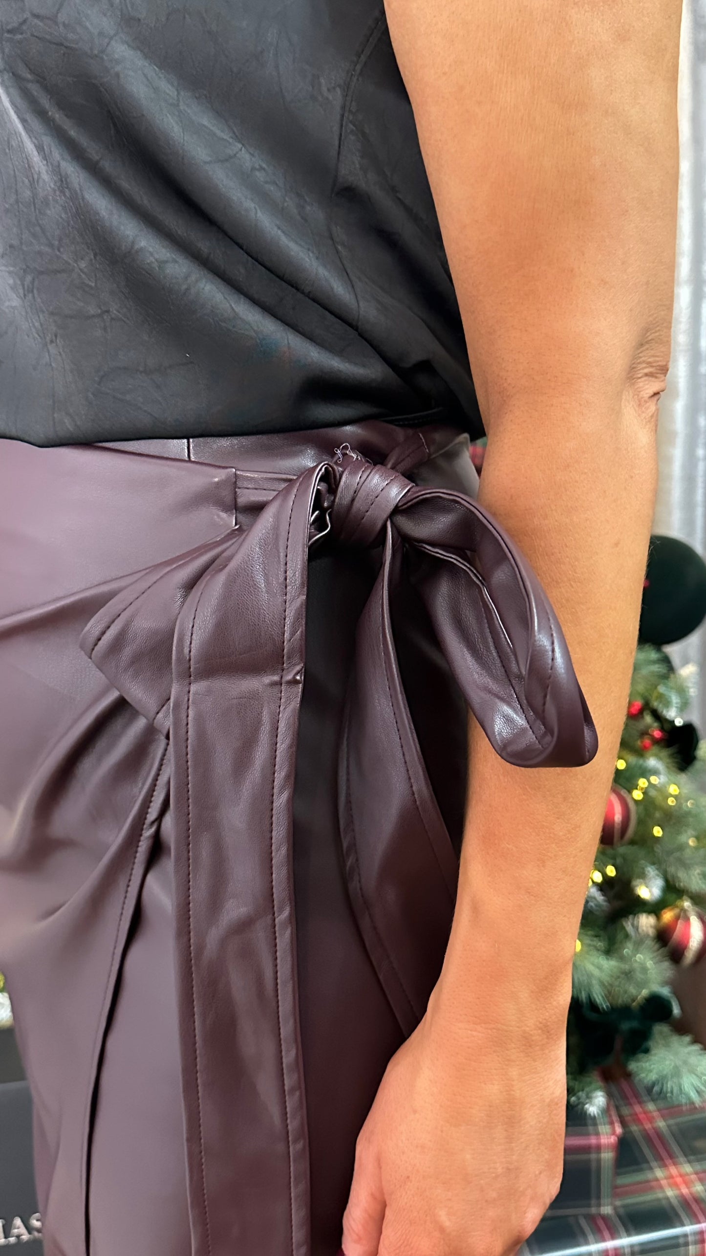 Wine Faux Leather Wrap Tie Skirt