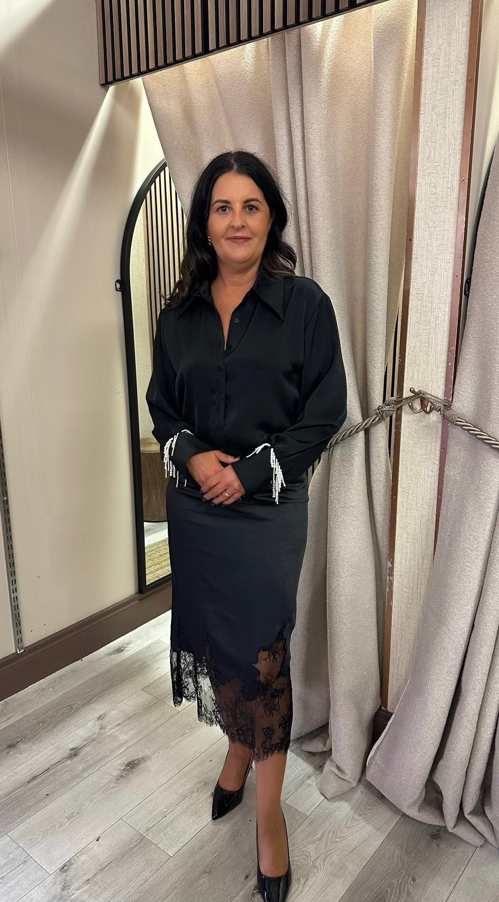 Black Satin Skirt with Lace Trim