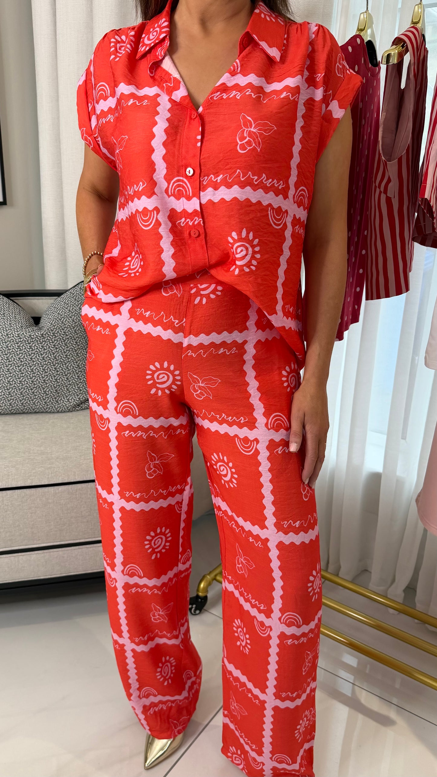 Mia Red & Pink Wide-Leg Trousers