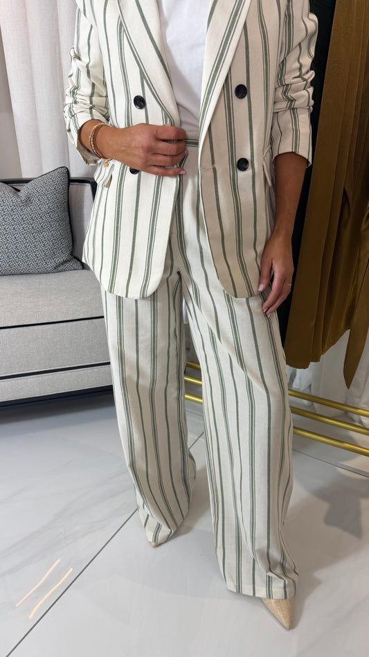 Green Striped Linen-Blend Trousers