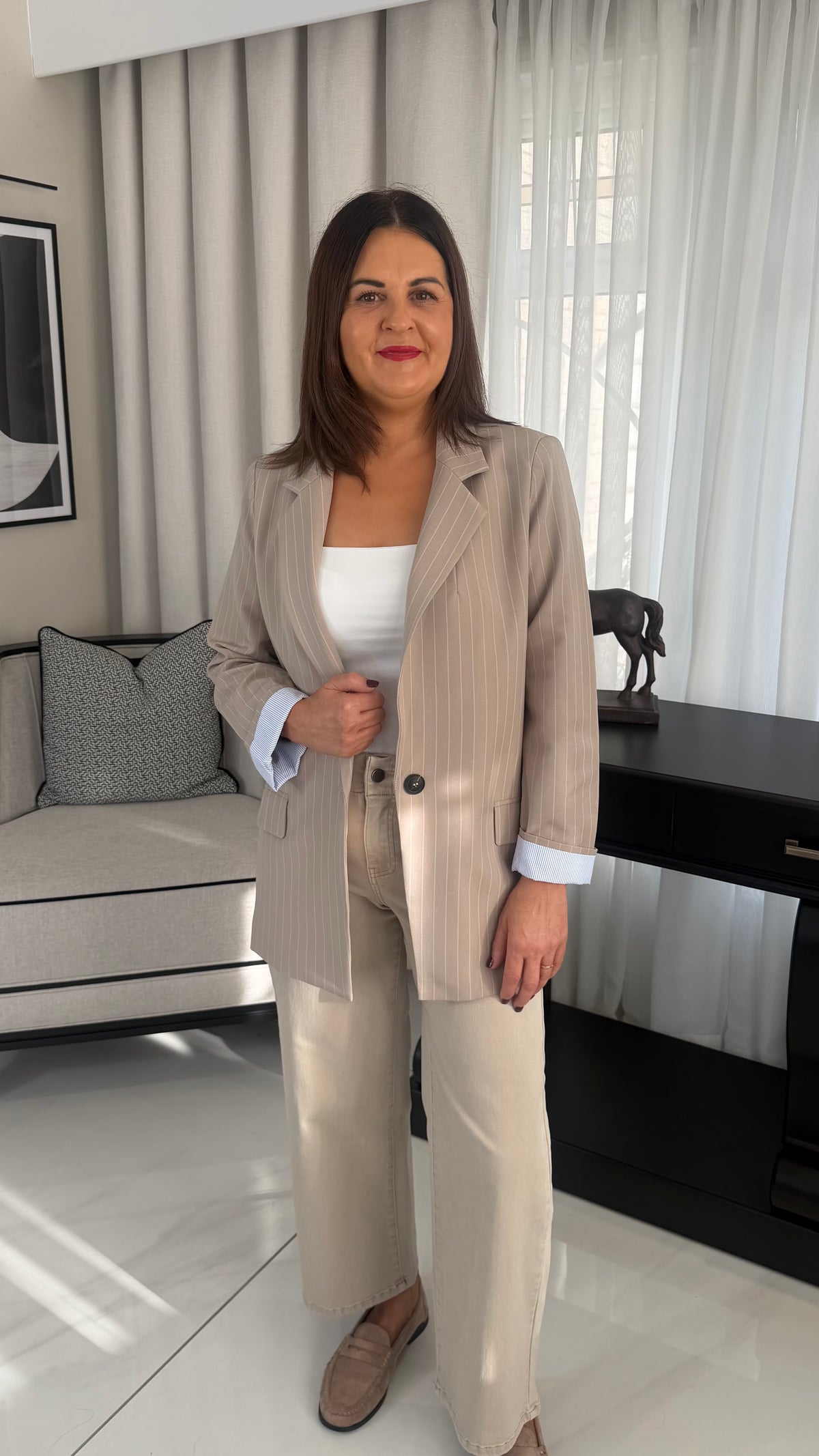Brooke Beige Pinstripe Single Breasted Blazer