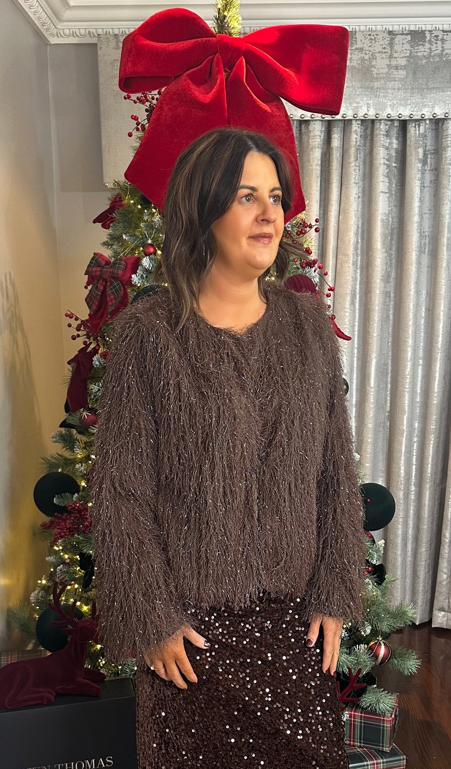 Brown Feather Fringe Metallic Thread Jacket