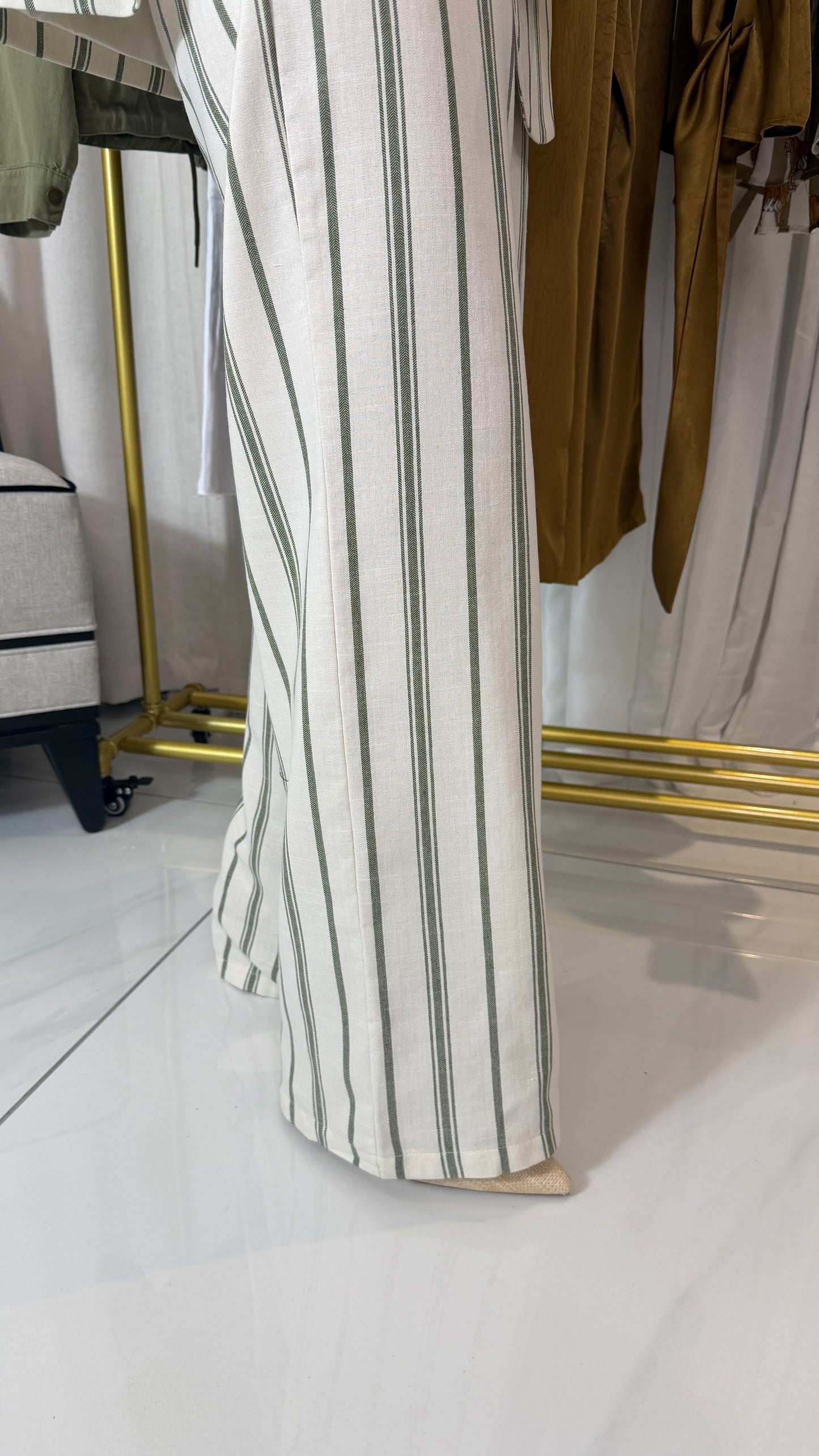 Green Striped Linen-Blend Trousers