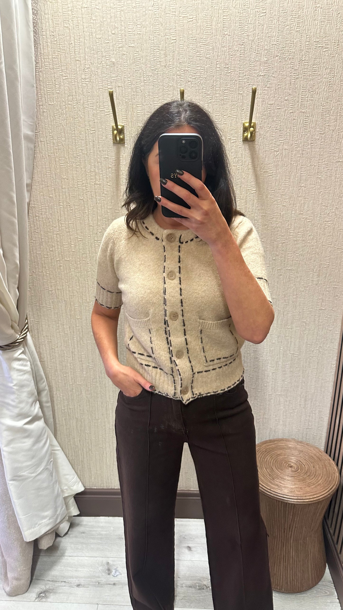 Beige Knit with Brown Stitching