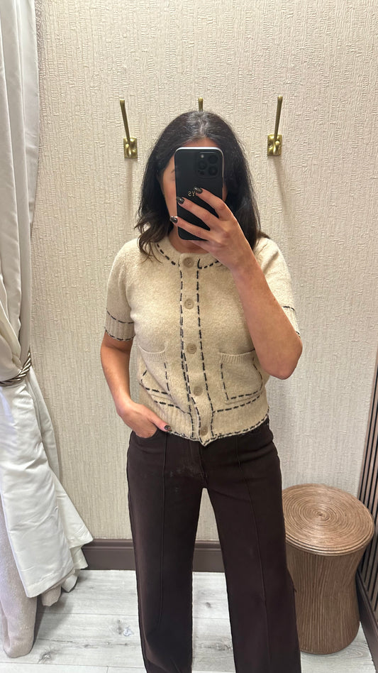 Beige Knit with Brown Stitching