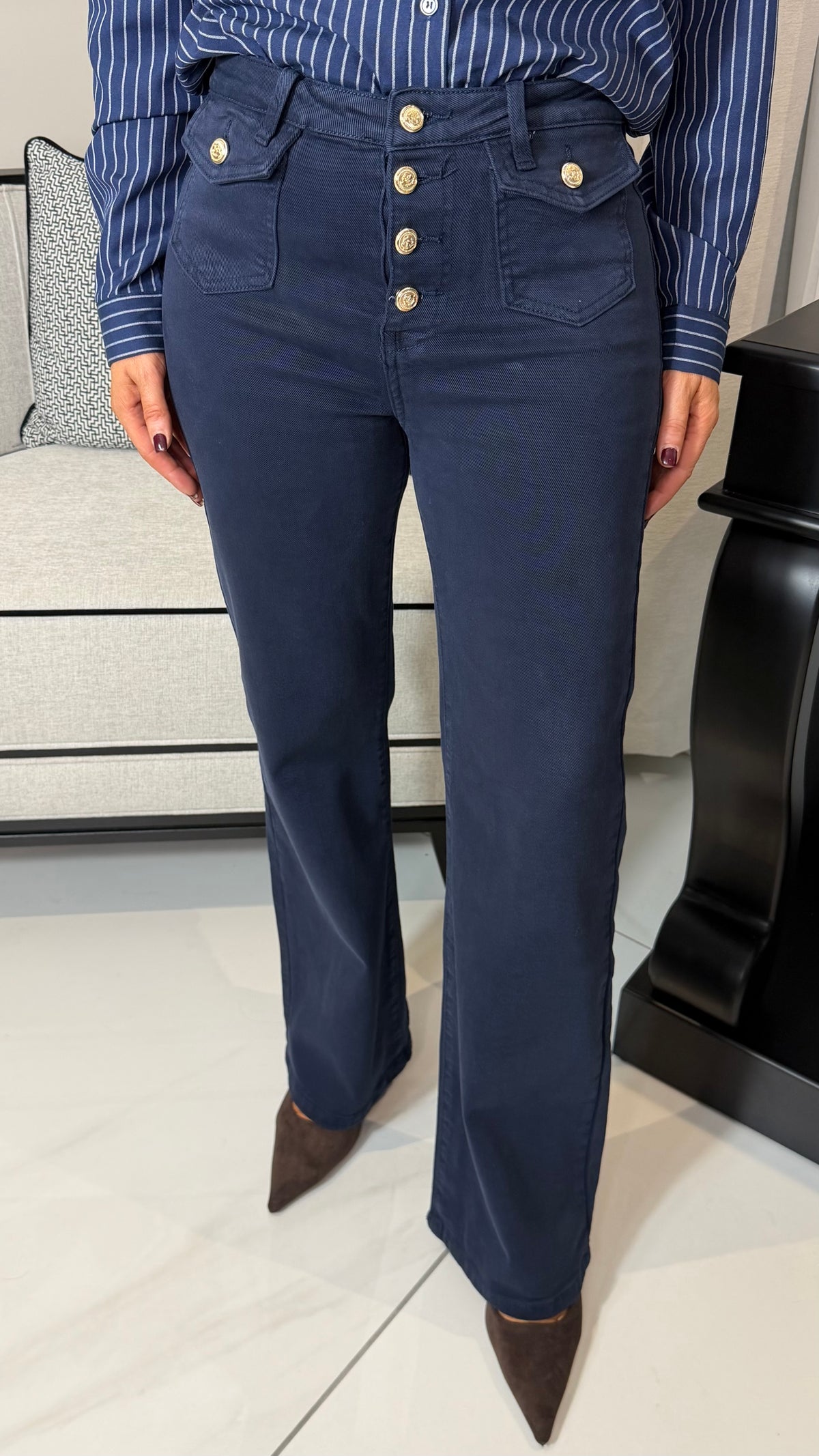 Navy Gold Button Jeans