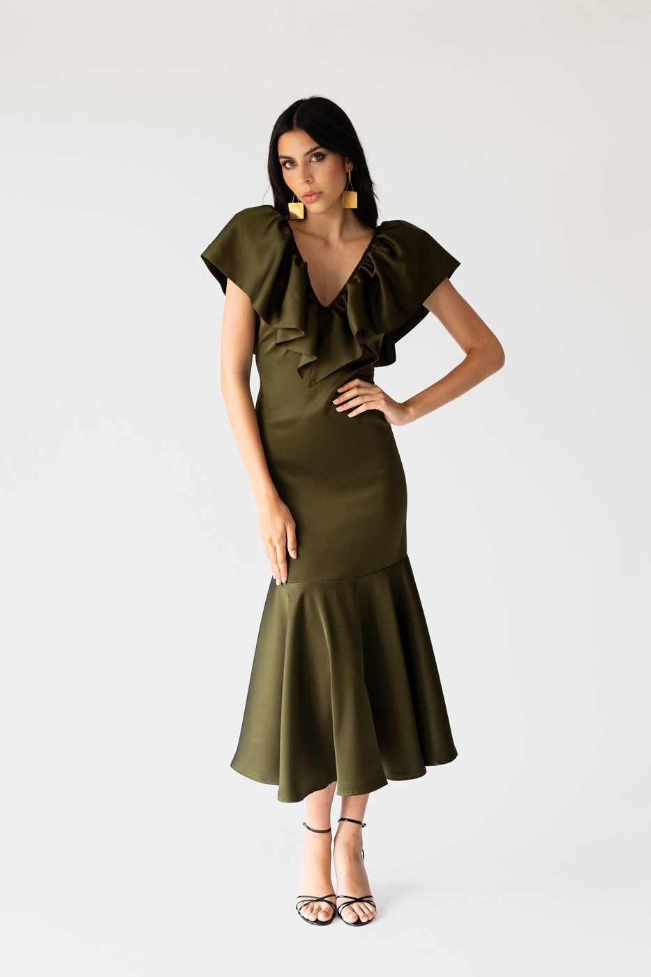 Noelle Khaki Satin Ruffle Dress