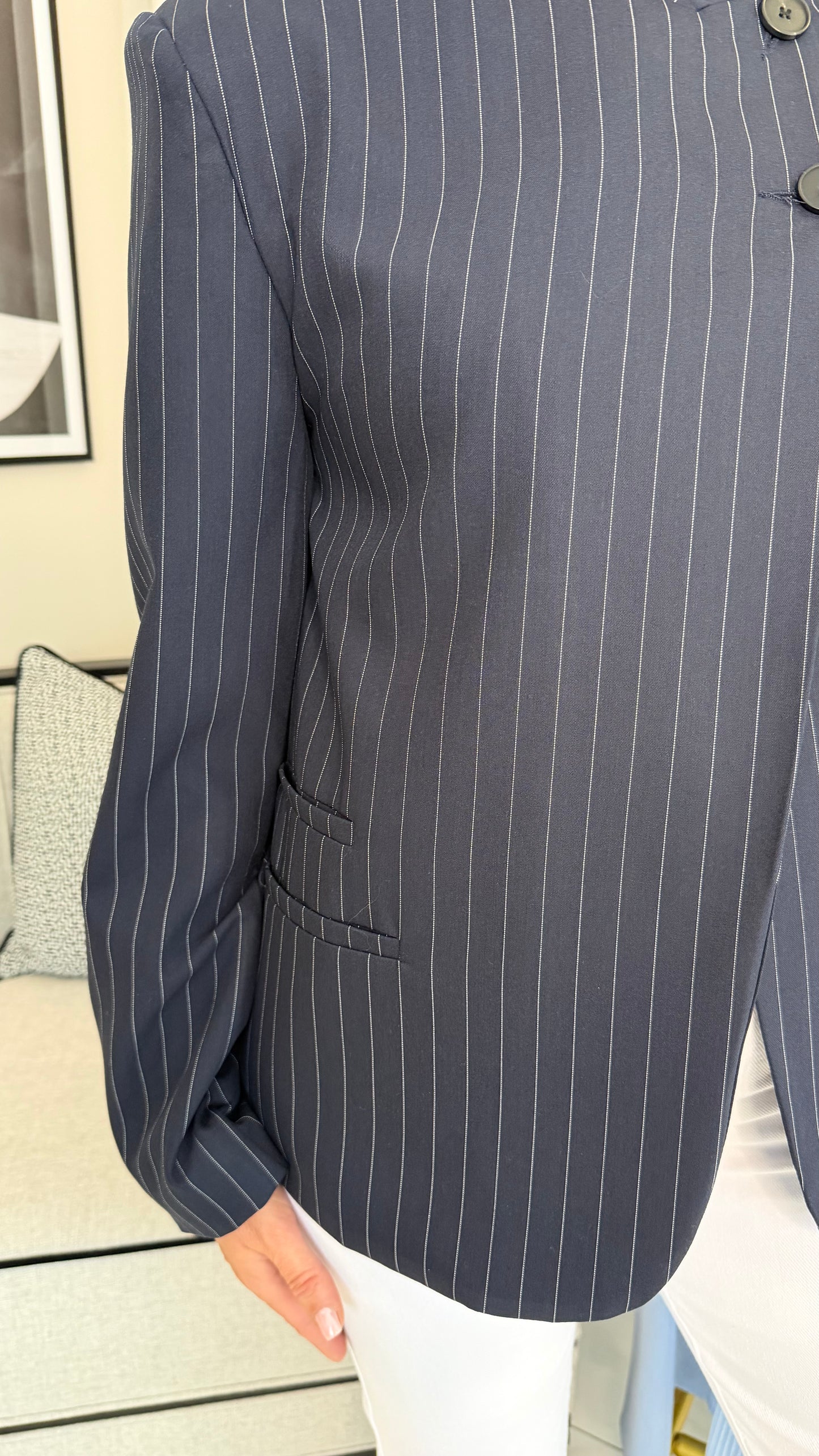 Bella High Neck Stripe Blazer Navy/White