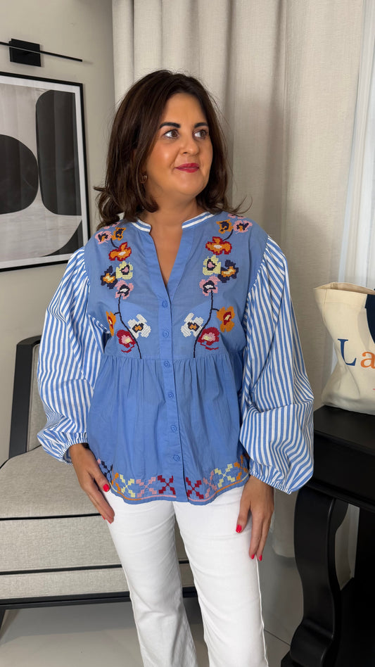 Striped Sleeve & Embroidered Blouse