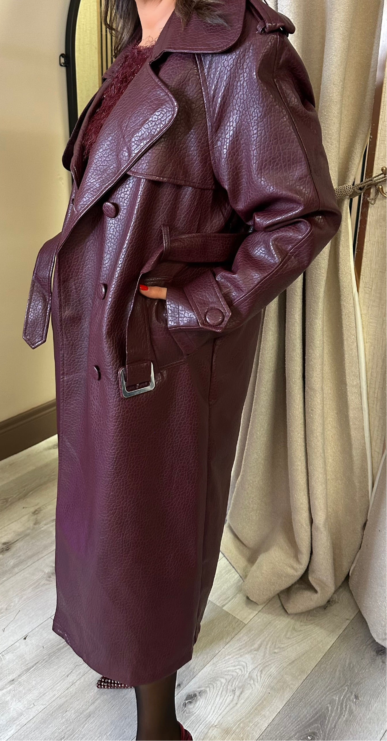 Burgundy Croc Faux Leather Trench