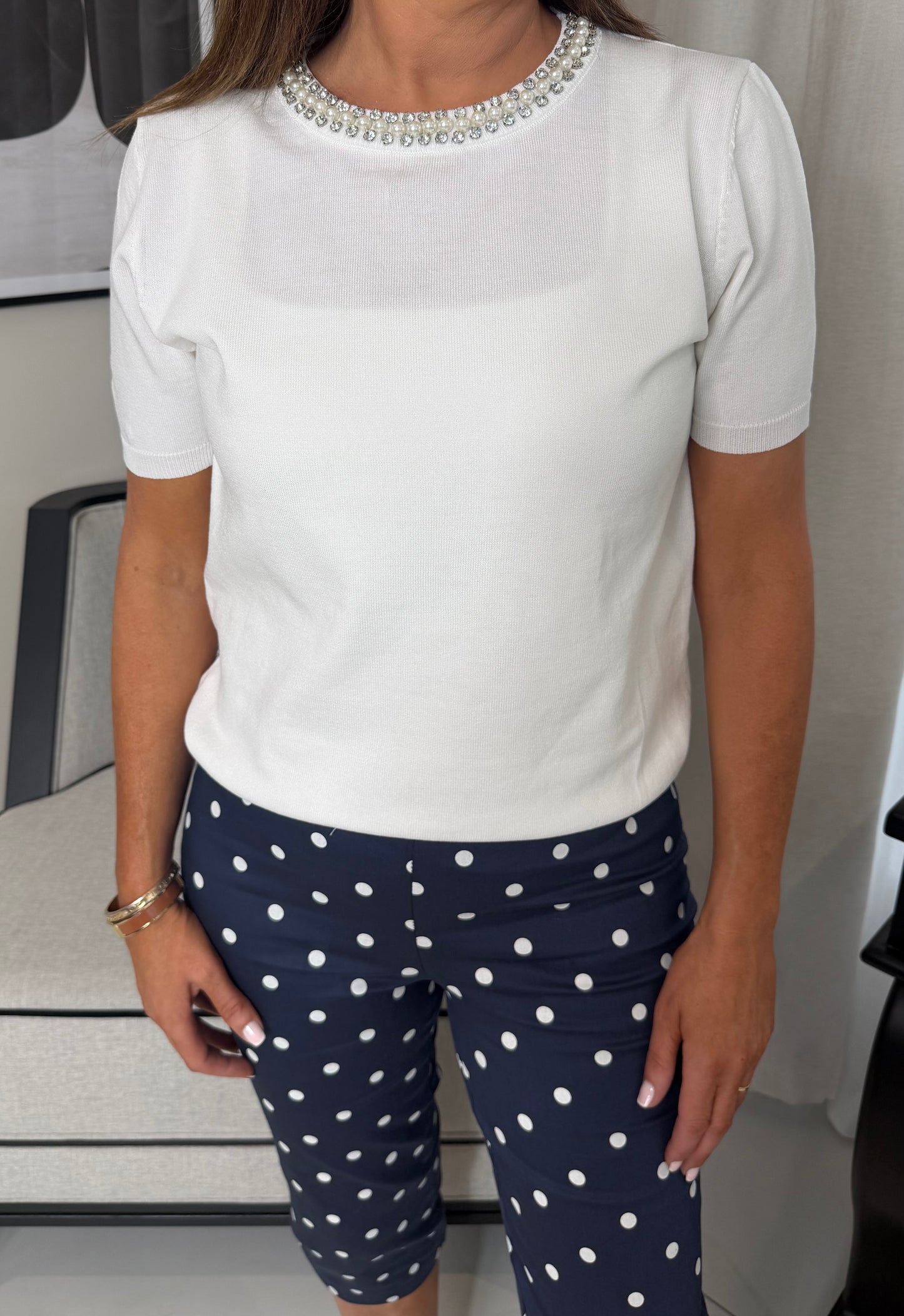 White Embellished Short Sleeve Knit