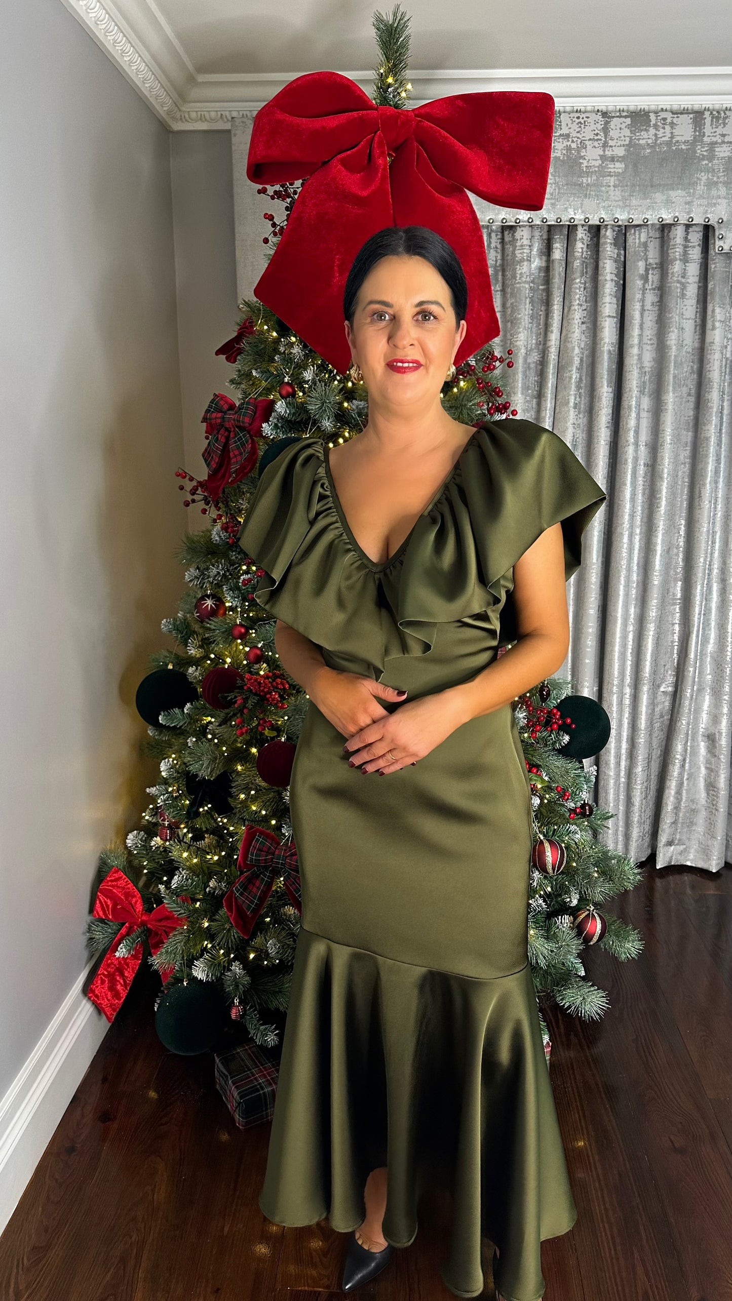 Noelle Khaki Satin Ruffle Dress