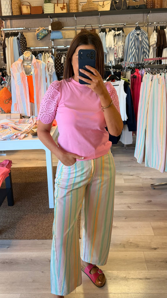 Pastel Striped Denim Wide-Leg Jeans
