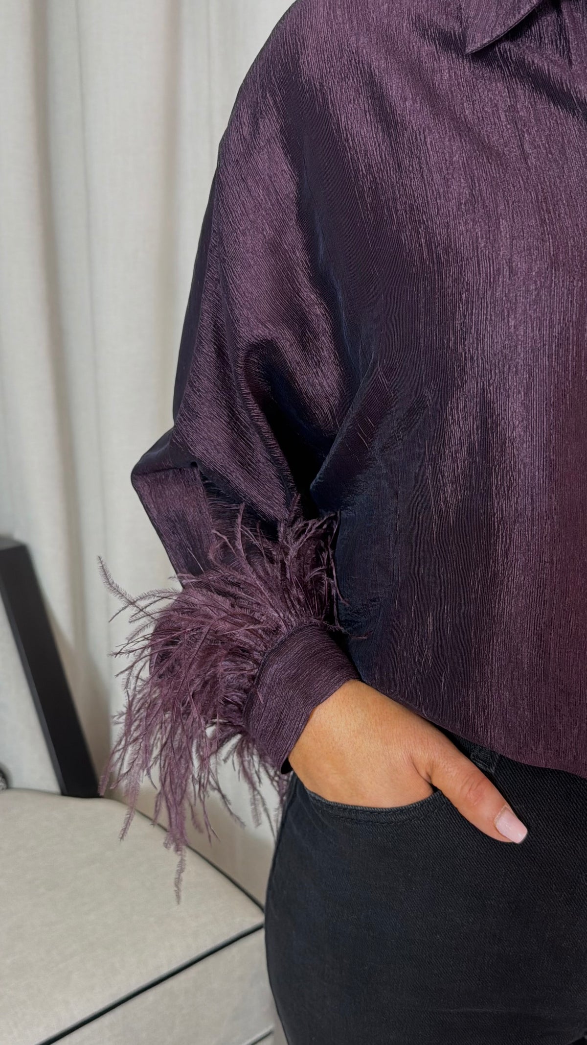 Aubergine Textured Satin Feather Trim Shirt