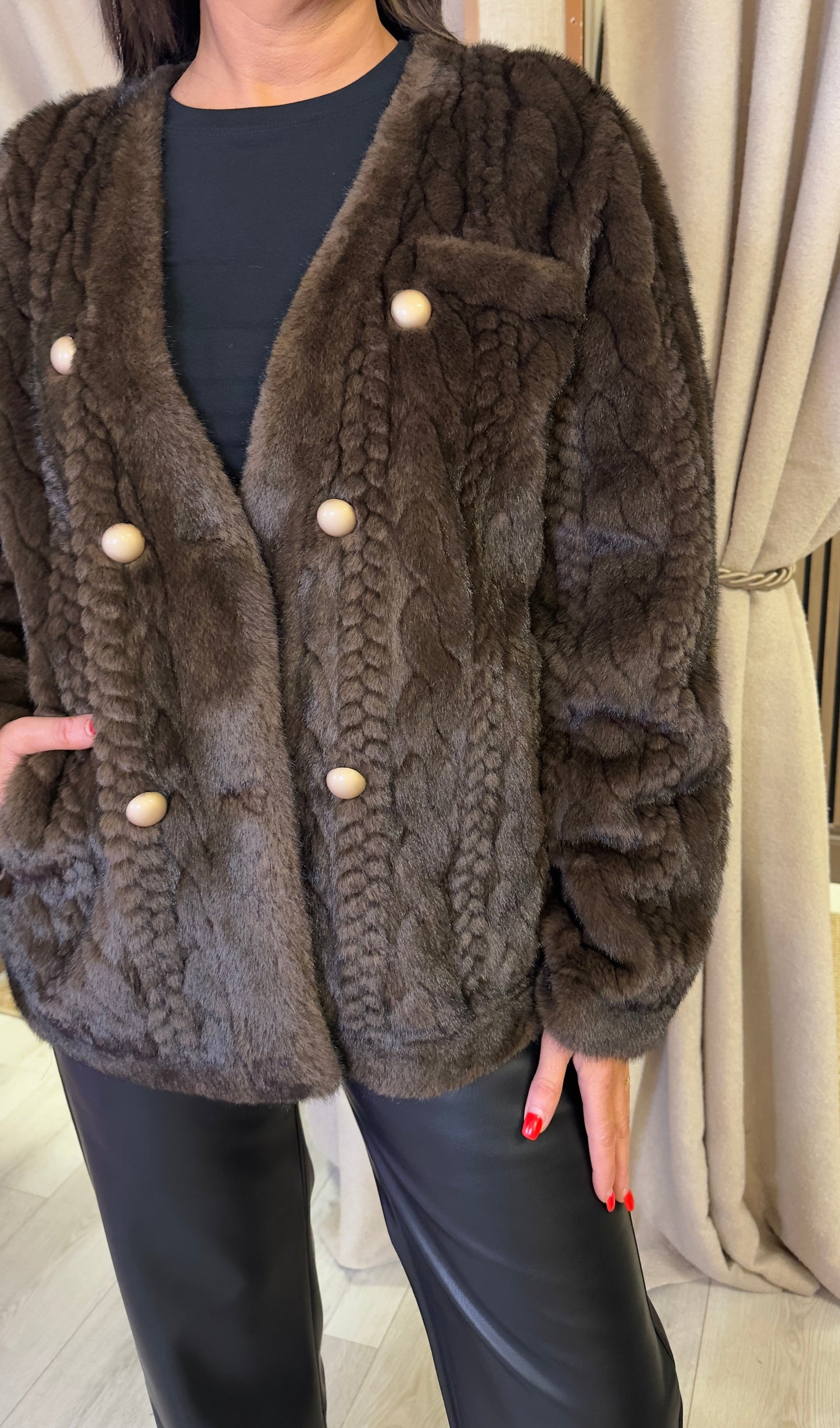 Brown Faux Fur Jacket with Cable Details