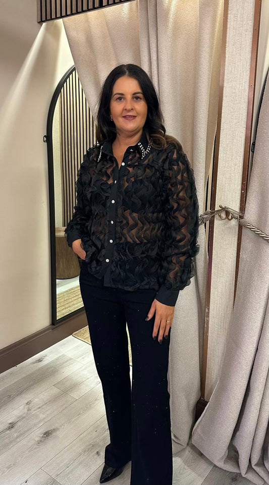 Black Mesh Embellished Blouse