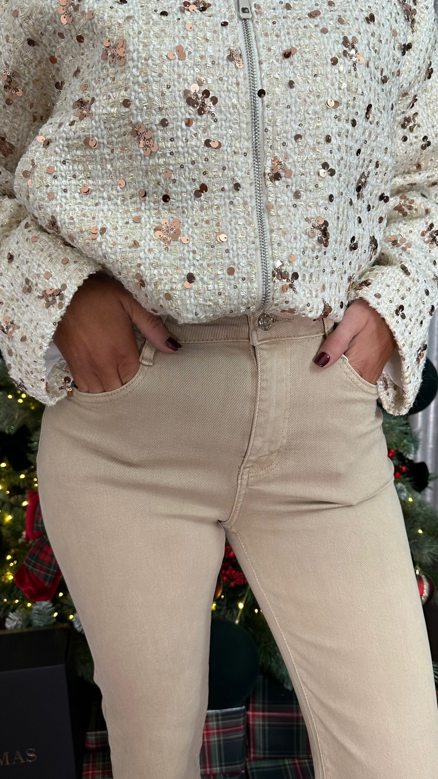 Beige Turn-Up Diamanté Jeans