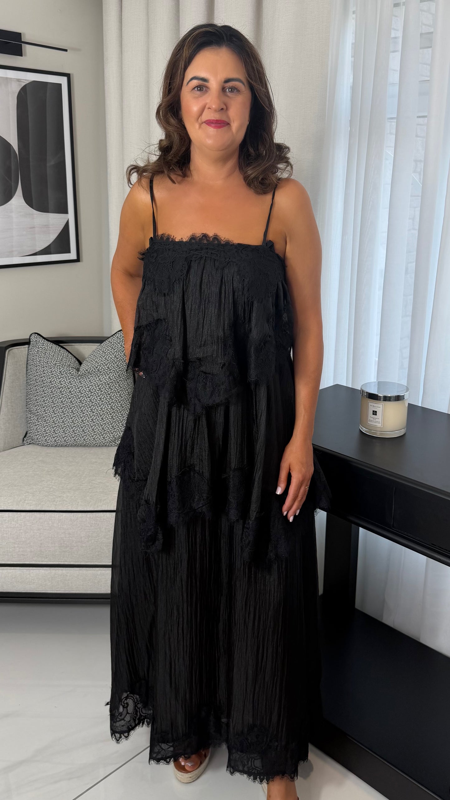 Lace Trim Black Tiered Dress