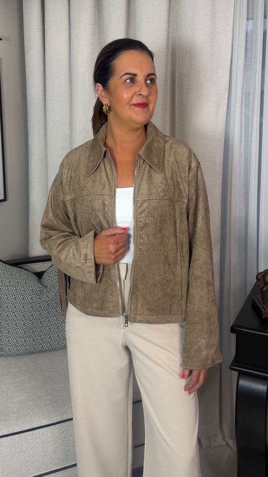 Jovi Faux Suede Fringe Jacket-Taupe