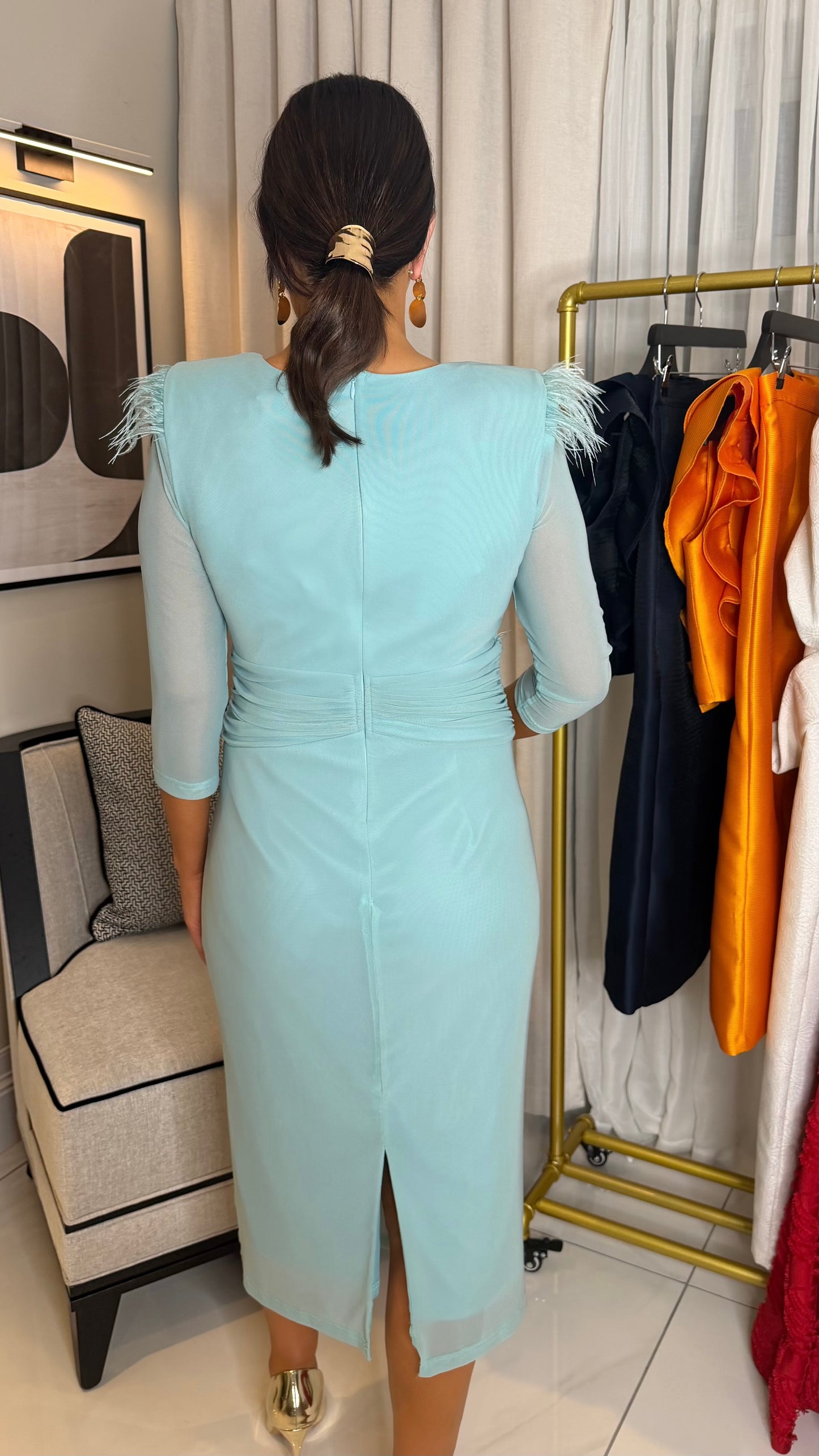 Taylor Turquoise Ruched Feather Dress