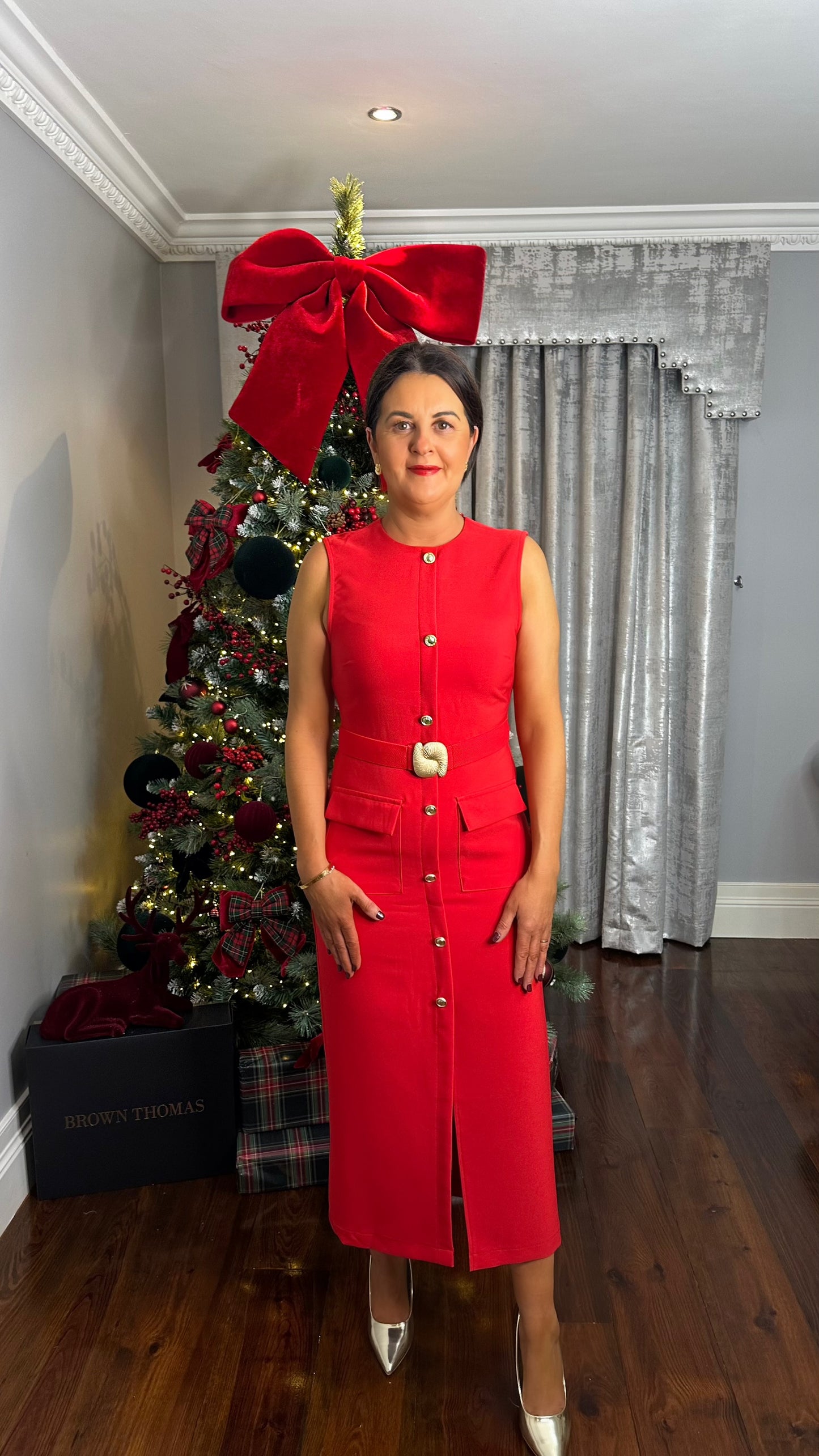 Red Belted Midi Dress