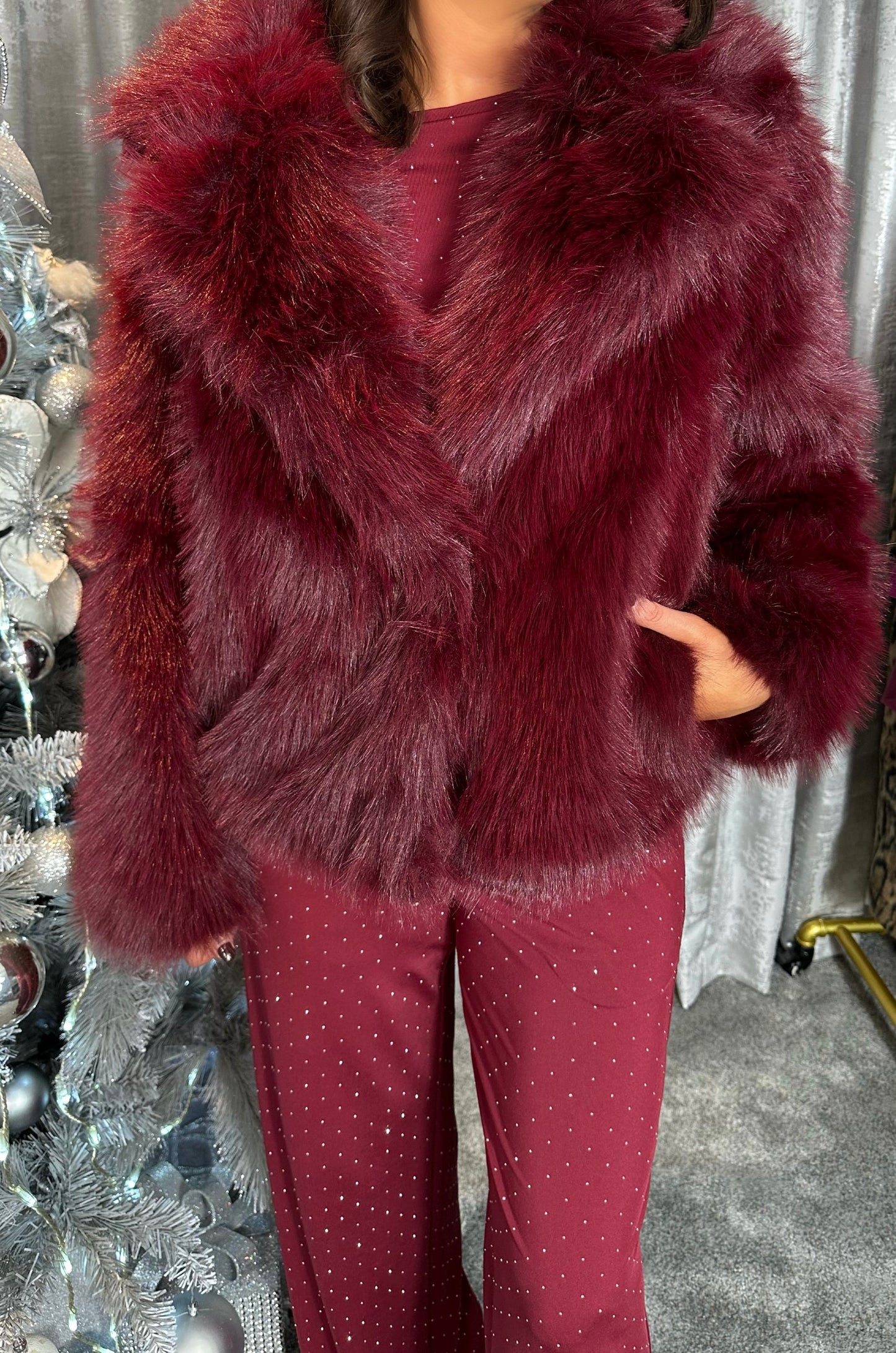 Burgundy Faux Fur Coat