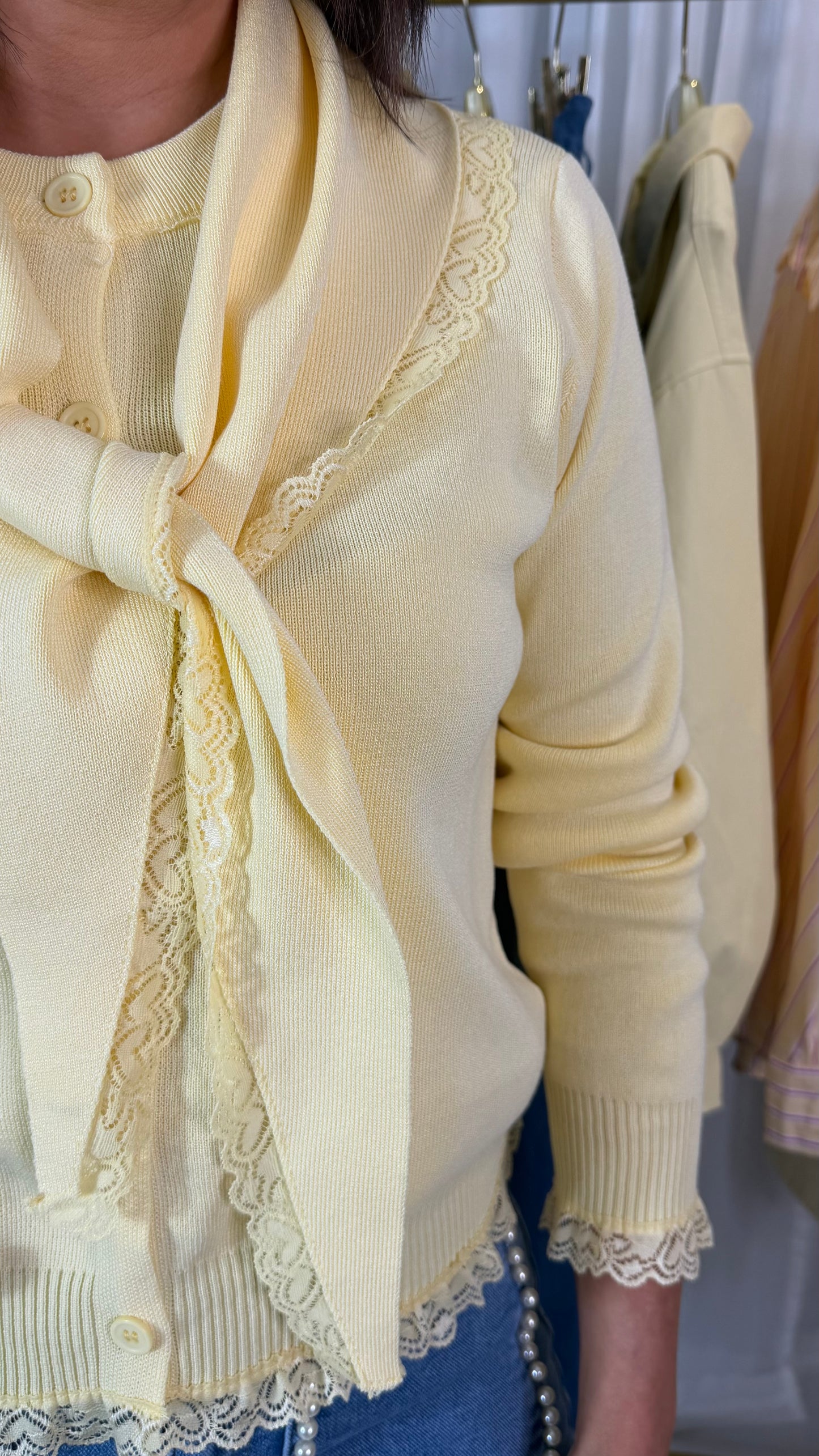 Lemon Lace Trim Cardigan with Scarf
