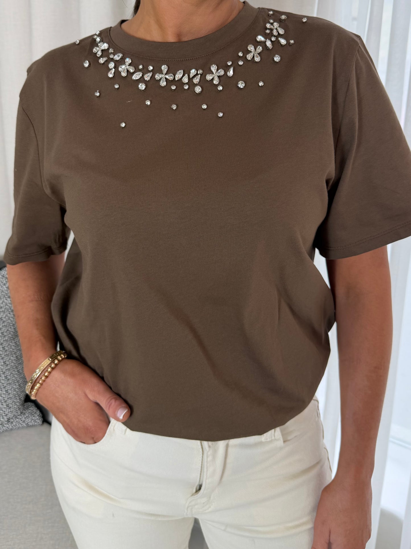 Brown Diamanté Neck T-Shirt