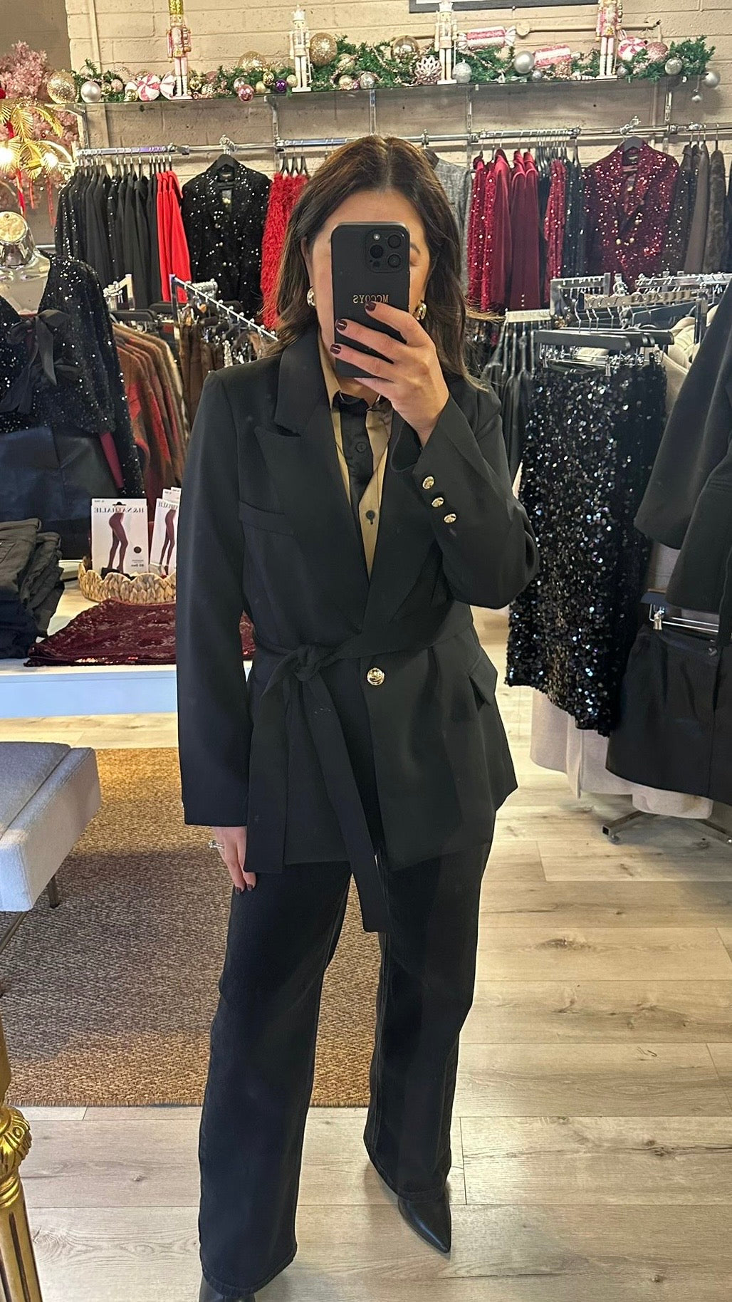 Black Tie Blazer with Gold Buttons