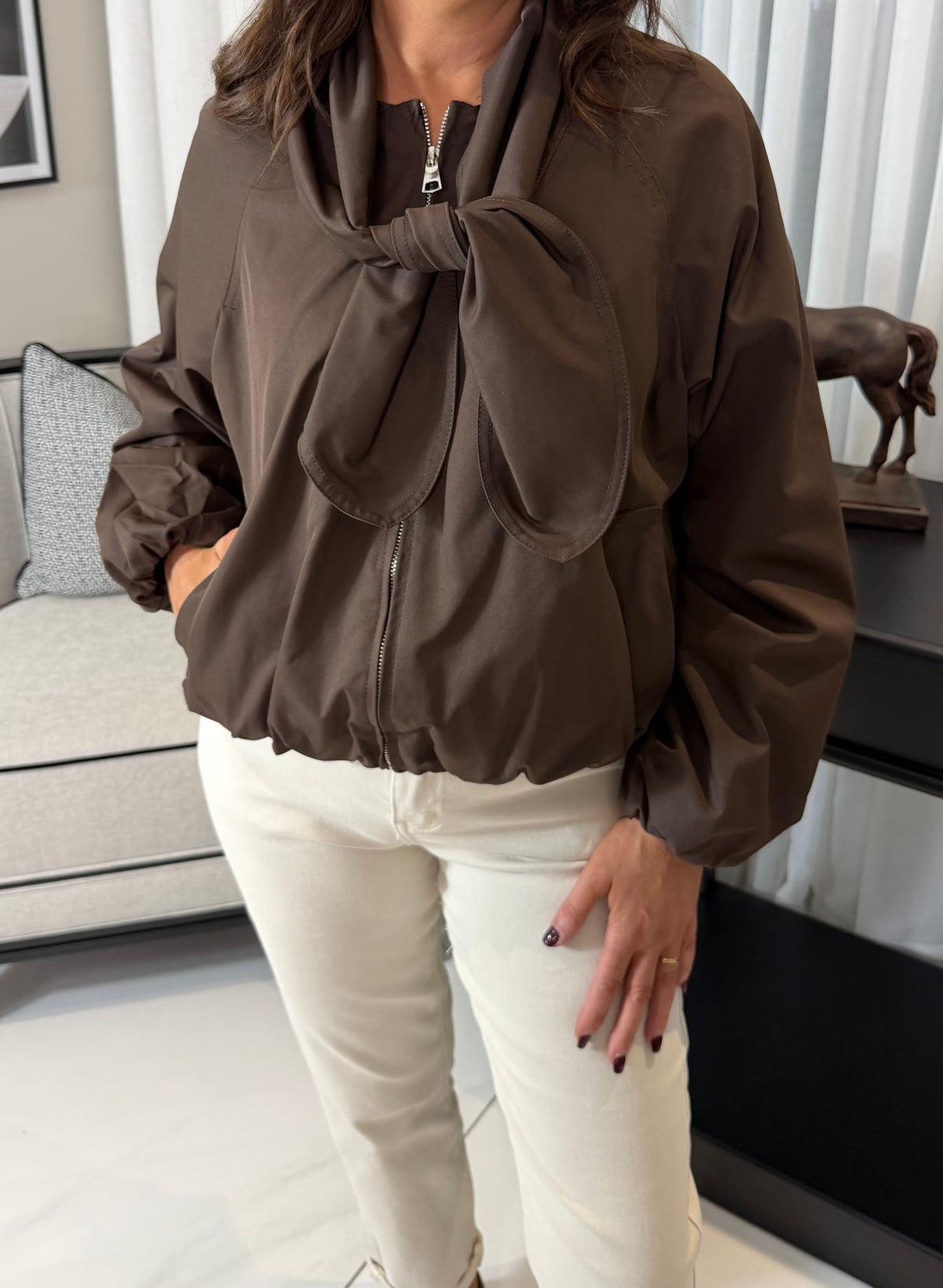 Brown Bomber Jacket with Scarf