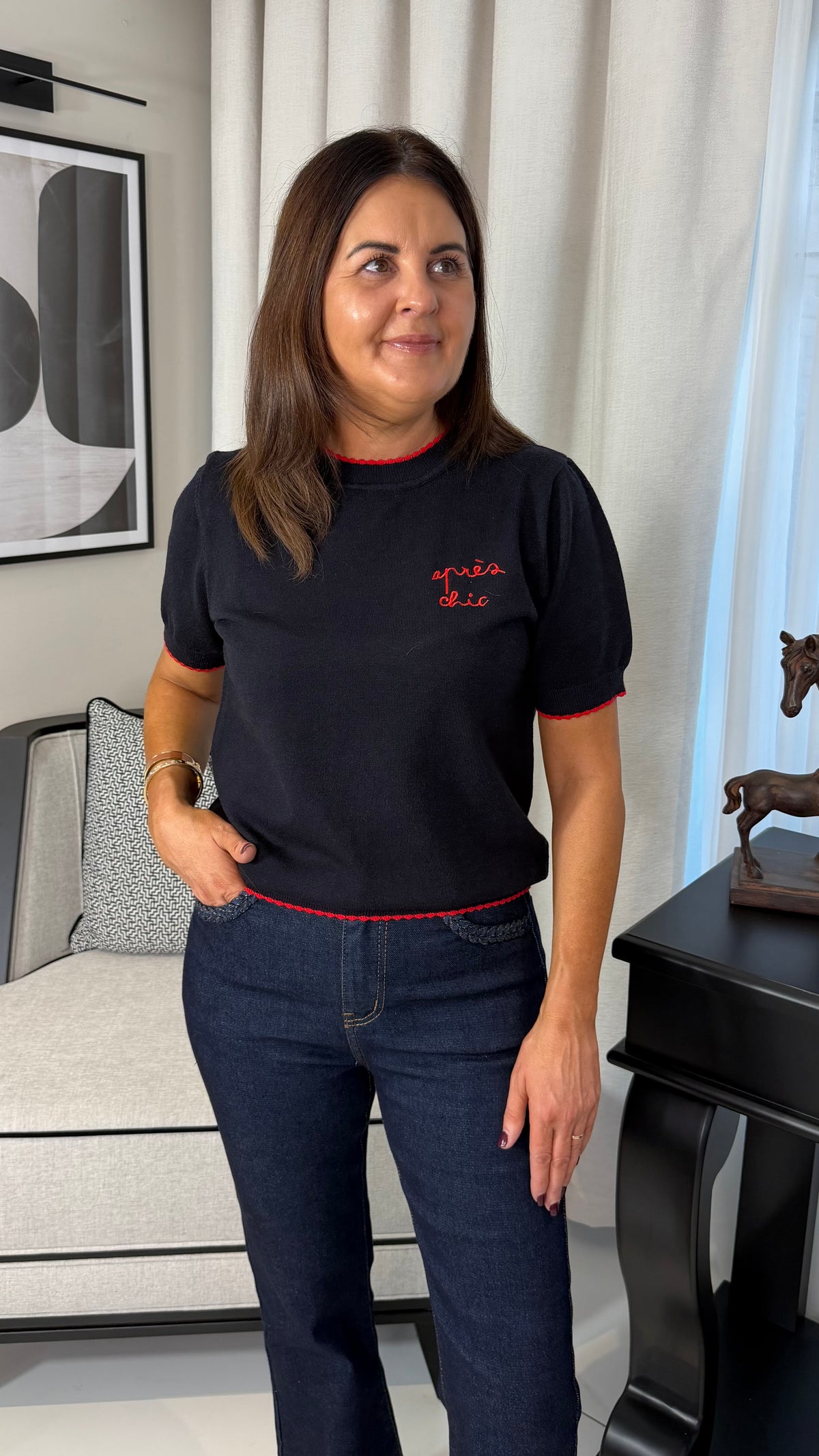 Navy Knit with Red Details