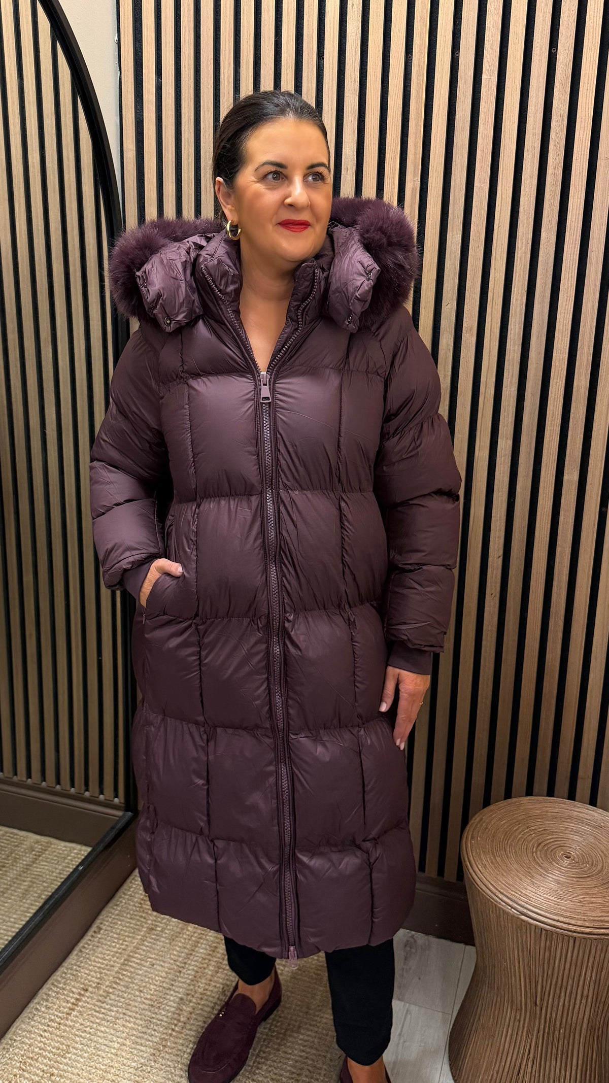 Plum-Long Faux-Fur Trim Puffer Coat