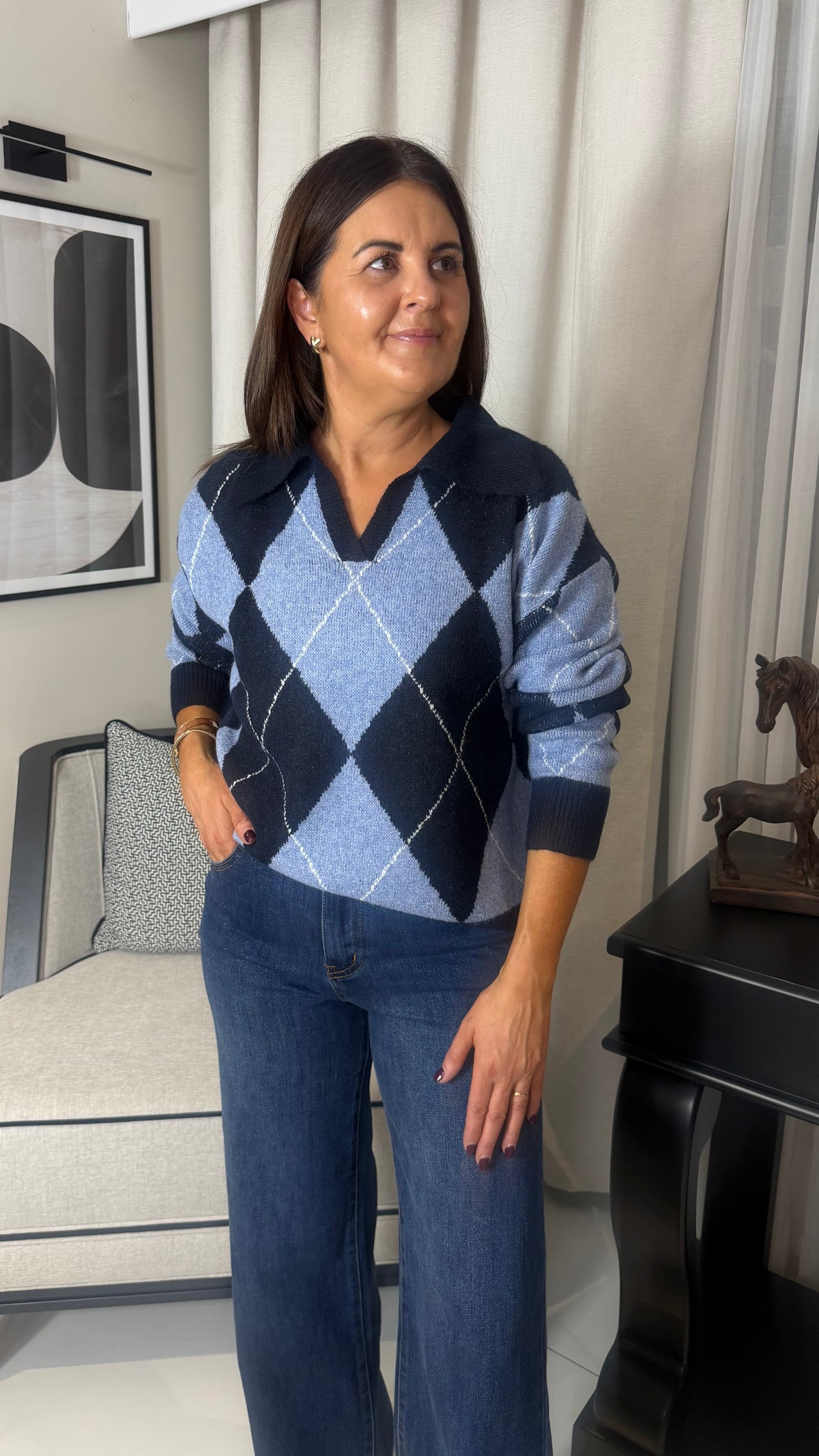 Blue & Navy Argyle Polo Knit