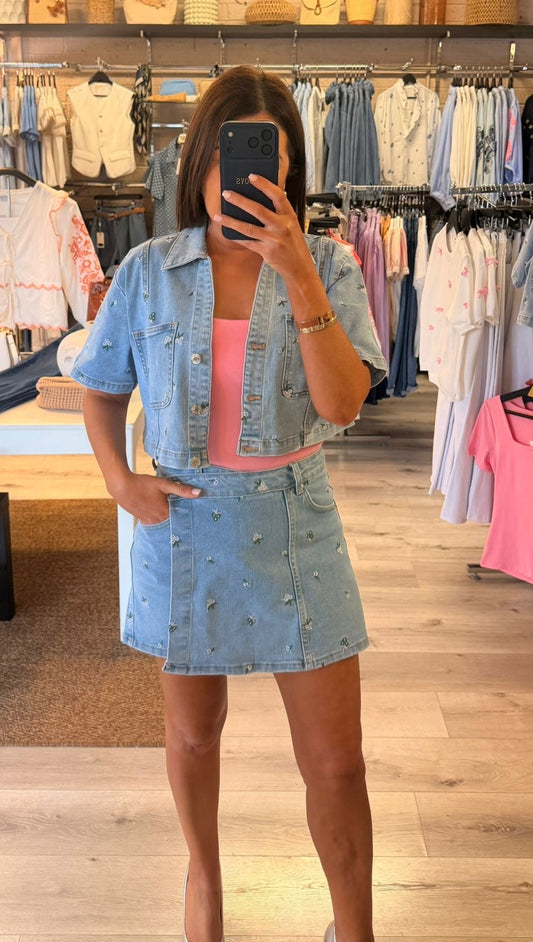 Chloe Denim Skort with Floral Embroidery Detail