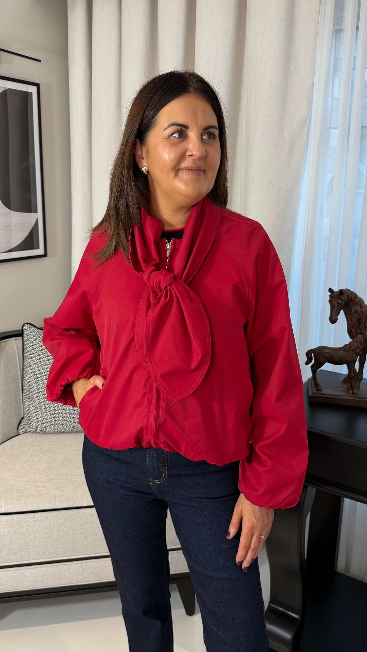 Red Bomber Jacket with Scarf