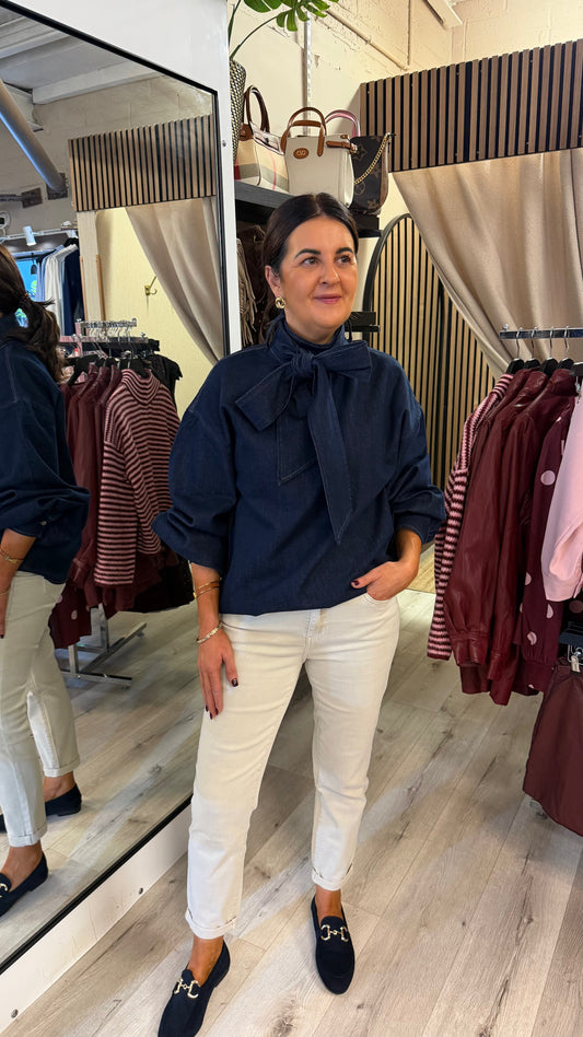 Dark Denim Bow Tie Blouse