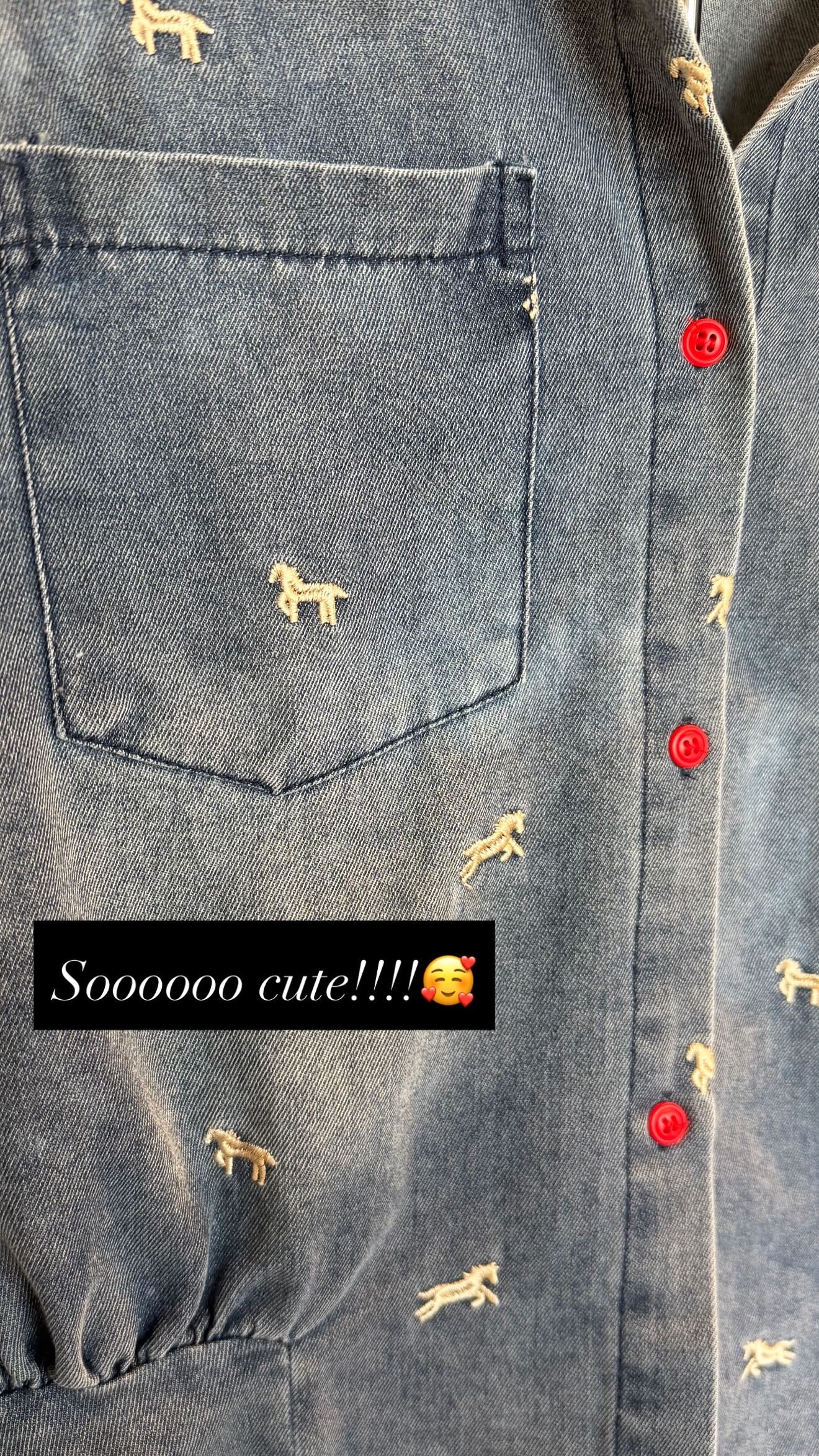 Horse Embroidered Denim Shirt with Red Buttons