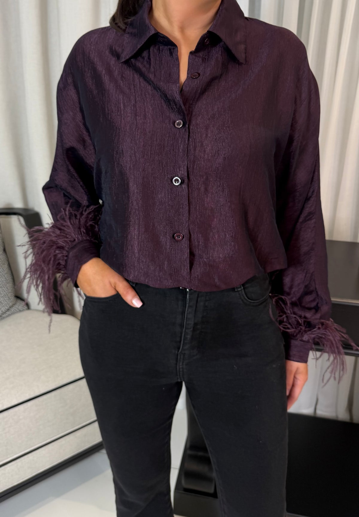 Aubergine Textured Satin Feather Trim Shirt