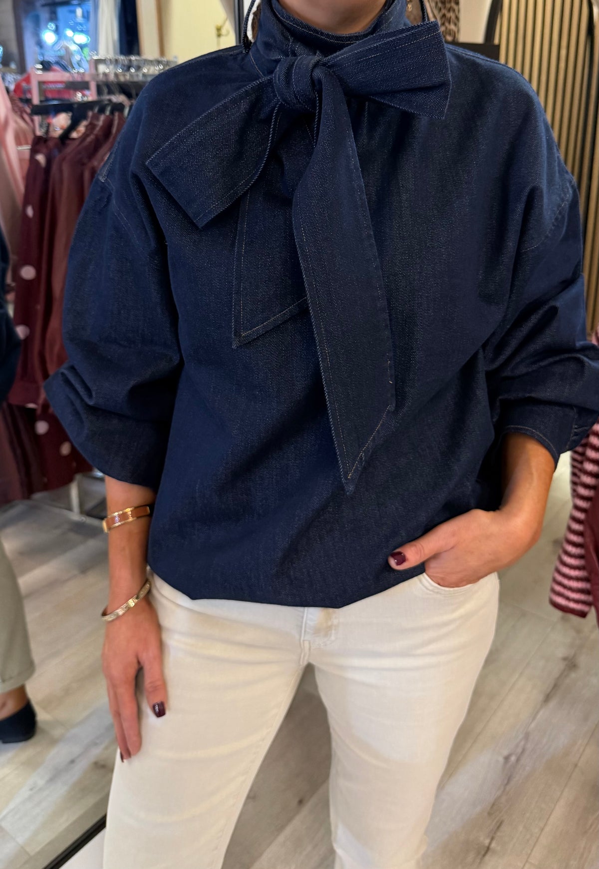 Dark Denim Bow Tie Blouse