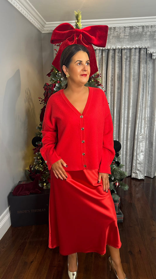 Red Cardigan with Gold Buttons