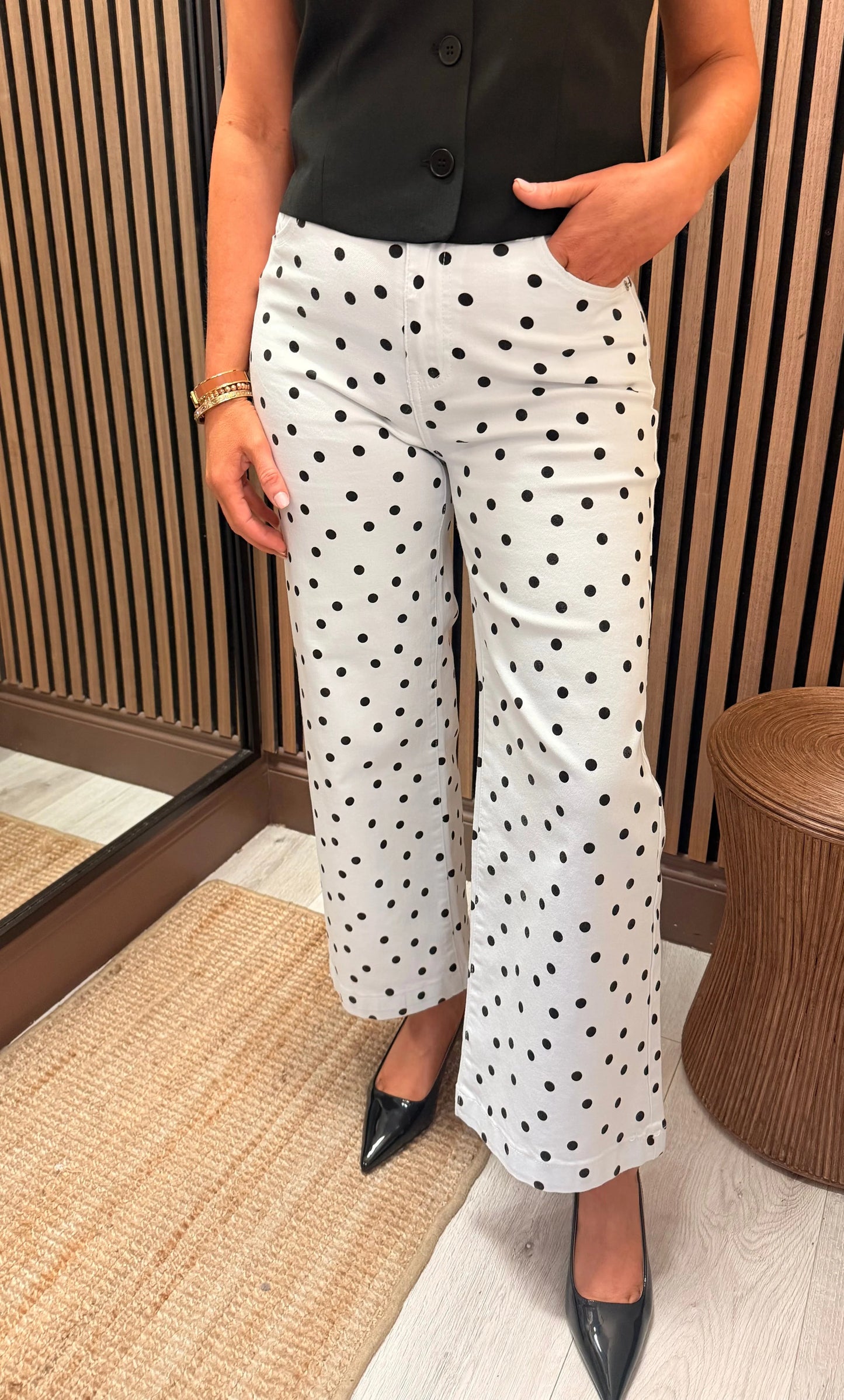 Polly Polka Dot Wide-Leg Cropped Jeans—Black/White