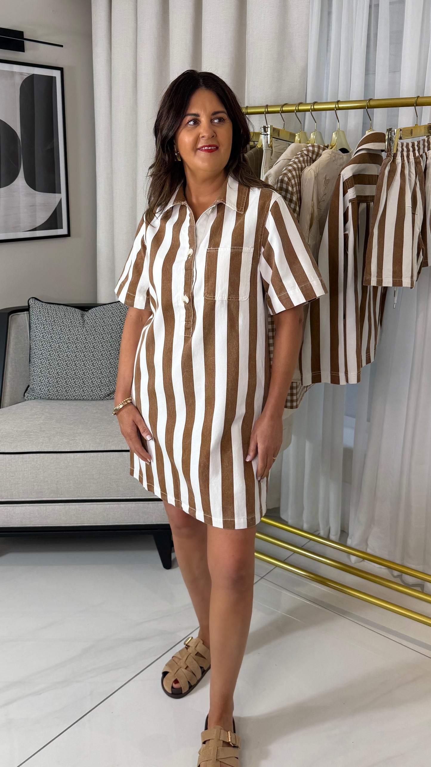 Tan & White Oversized Striped Denim Dress