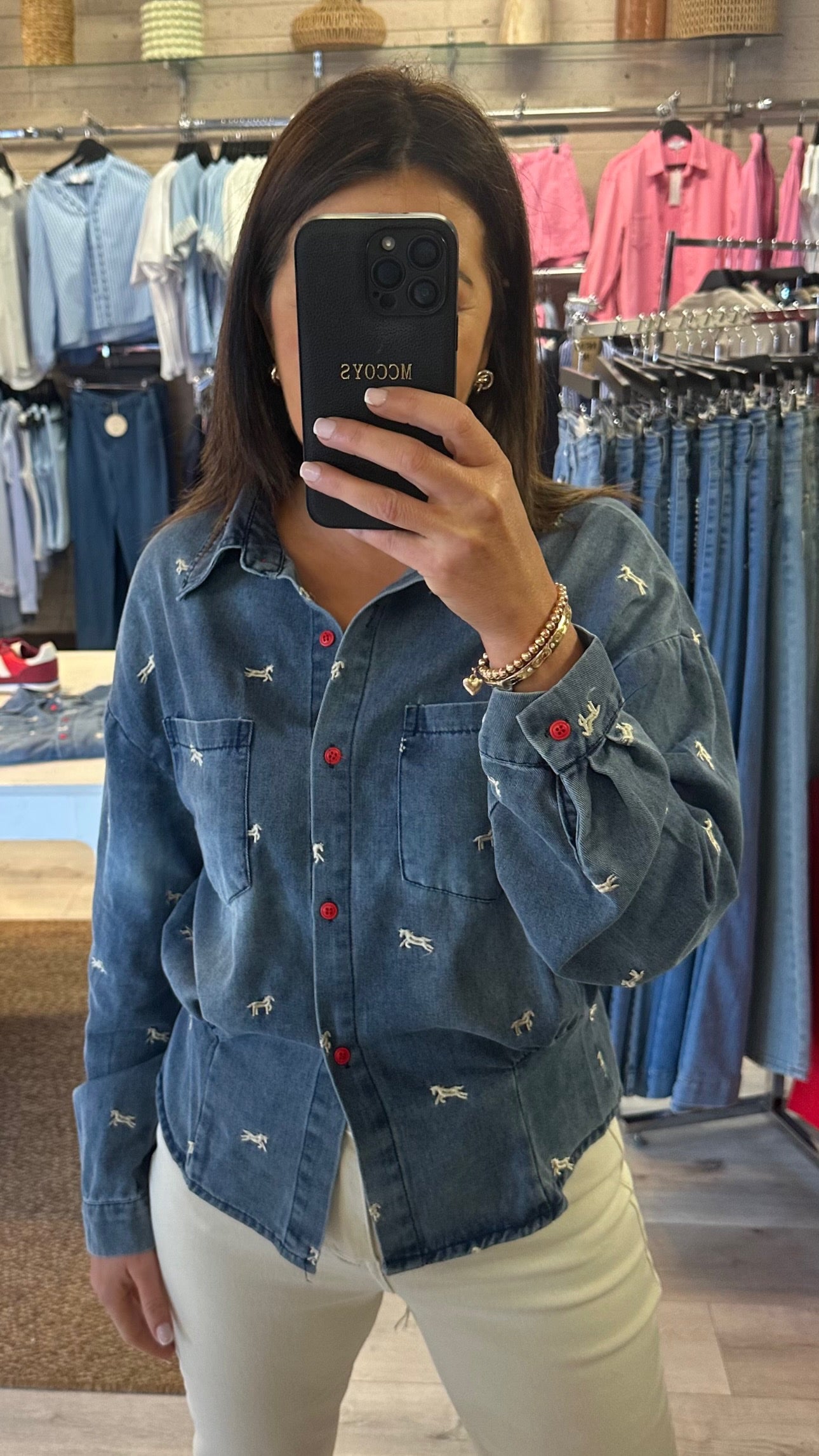 Horse Embroidered Denim Shirt with Red Buttons